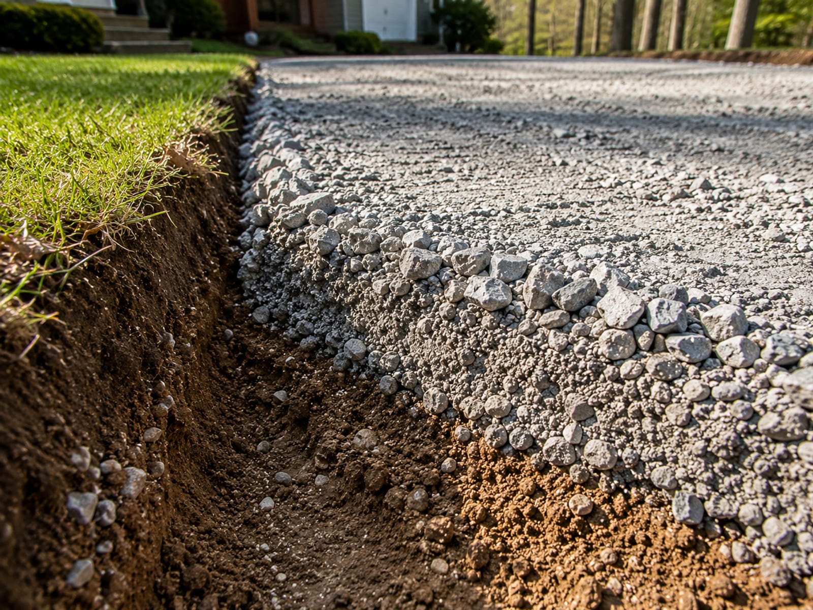 Close-up of a graded driveway subbase edge showing compacted aggregate depth and clean soil cut line beside a residential lawn in Connecticut