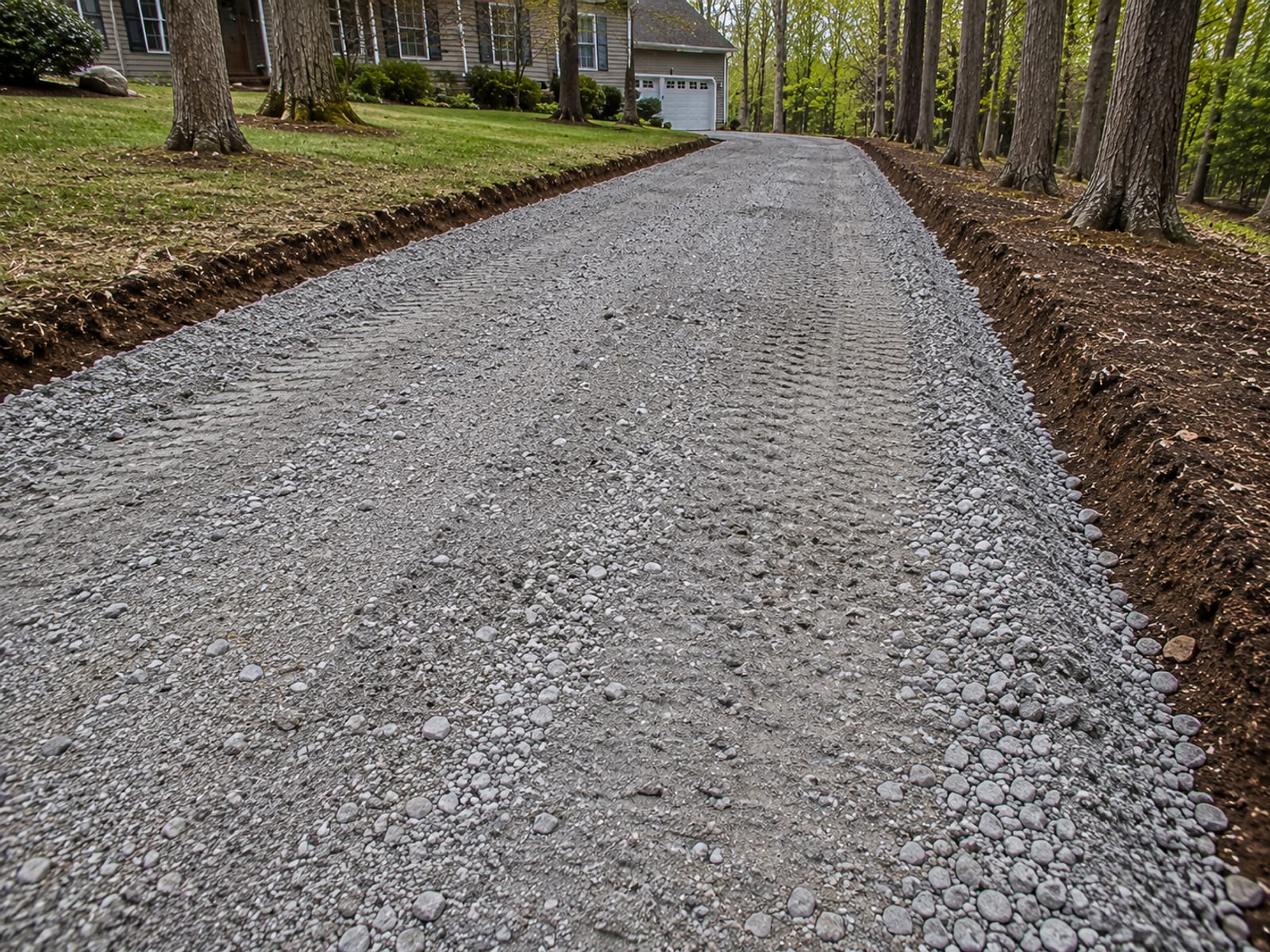 Freshly graded and compacted crushed stone subbase on a residential driveway site in western Connecticut, ready for asphalt paving