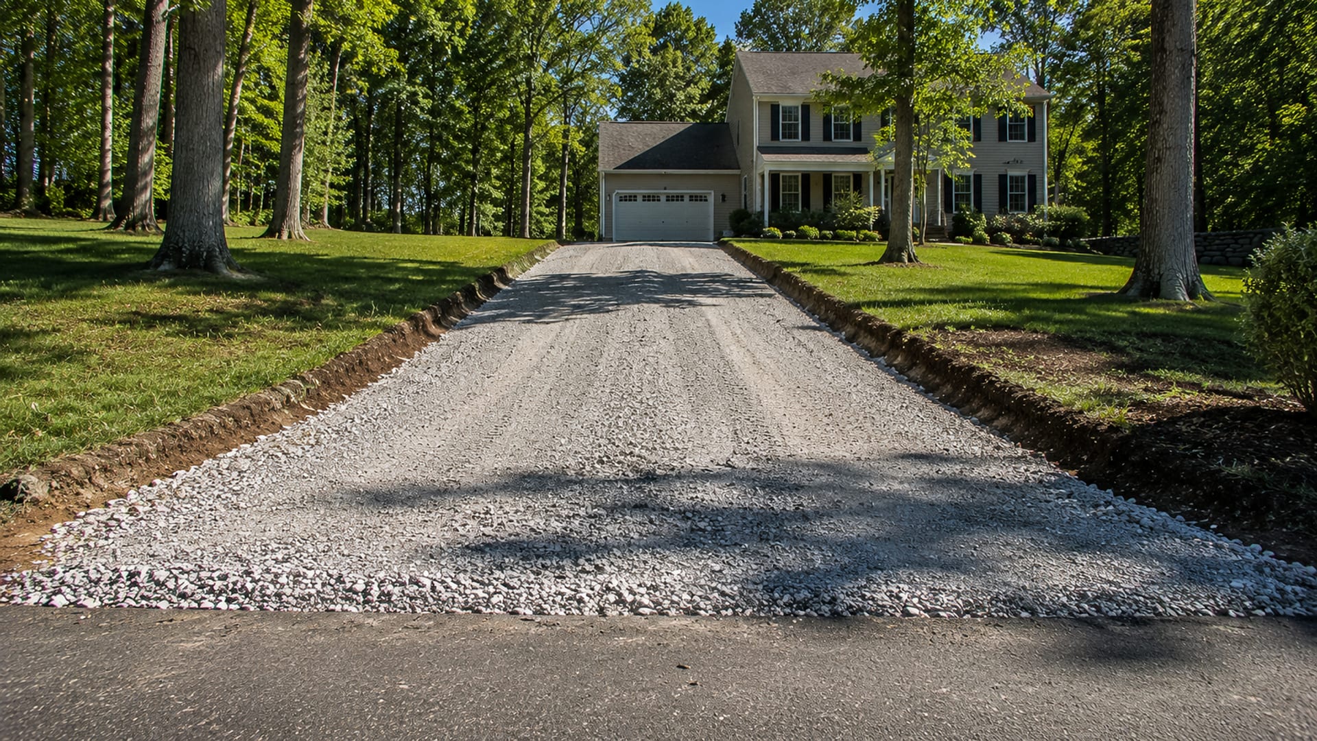 Wide view of a fully prepared residential driveway subbase in Connecticut with clean graded edges and compacted aggregate base meeting the road apron