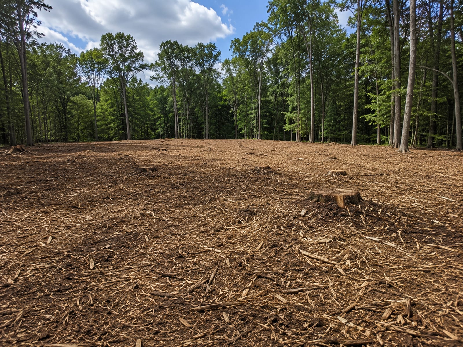 Freshly cleared wooded lot with mulched ground cover and stump remnants bordered by standing deciduous trees in western Connecticut