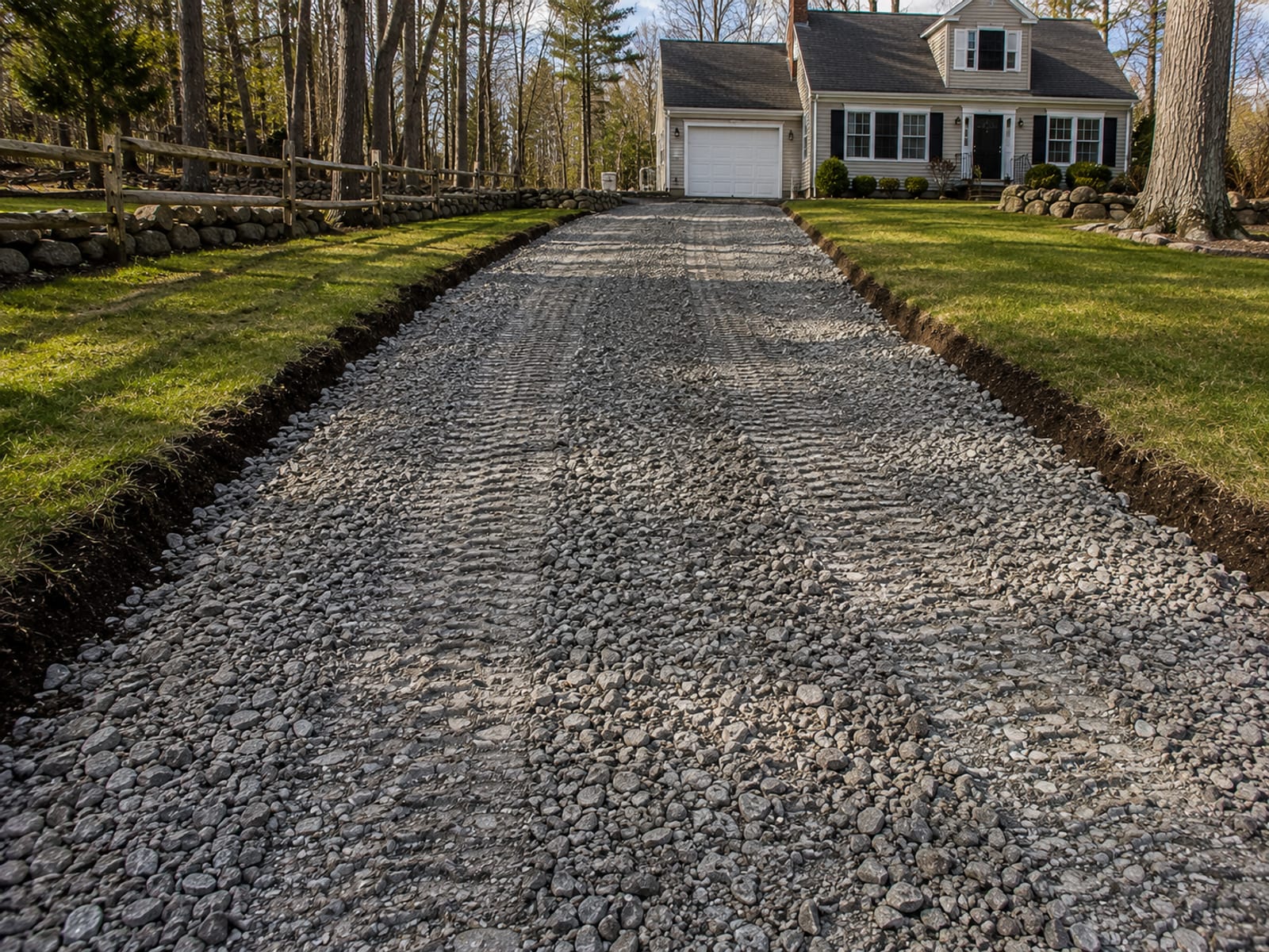 Freshly excavated and graded gravel driveway base with compacted crushed stone subbase on a residential property in Connecticut