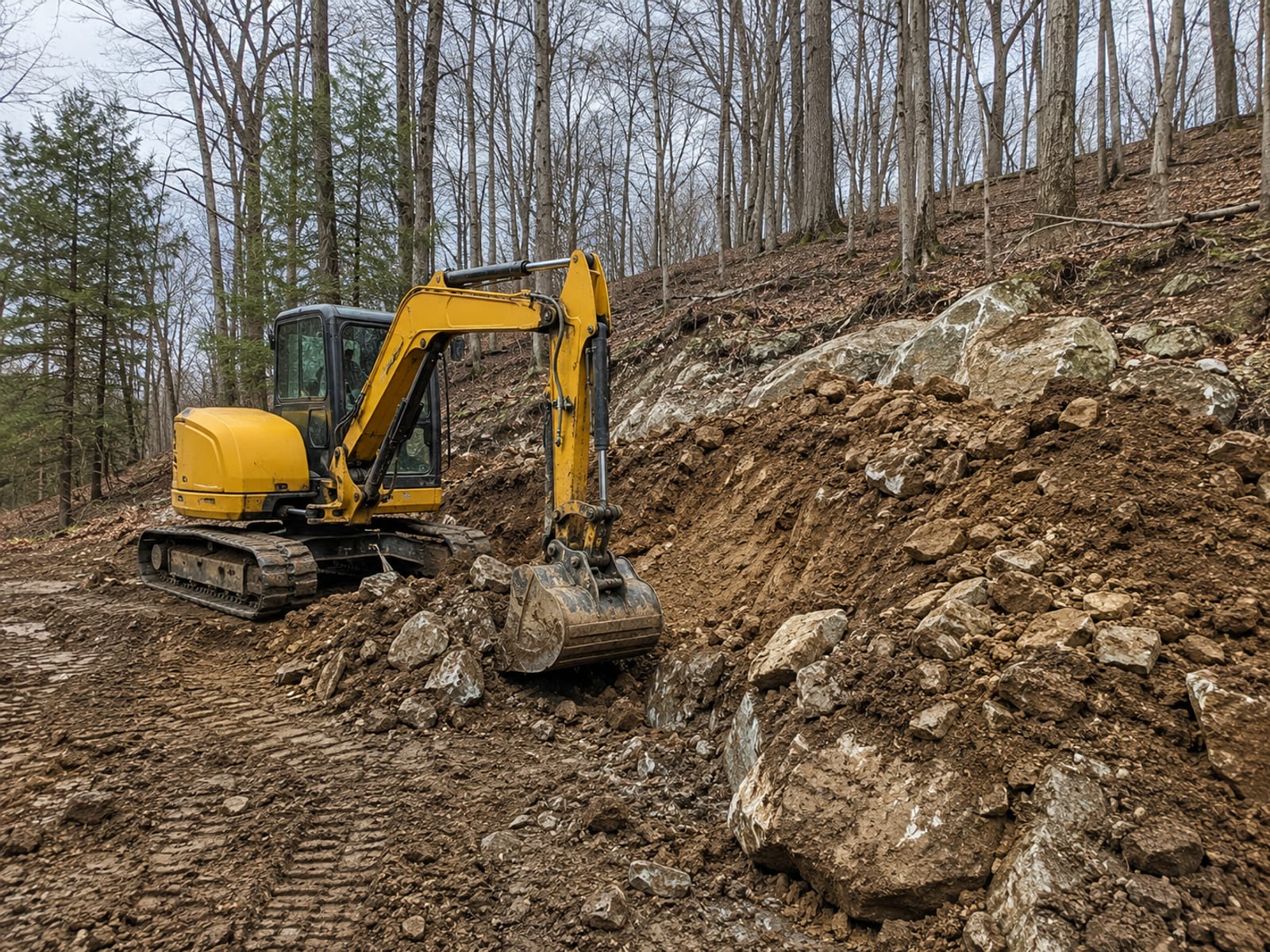 Compact yellow tracked excavator digging into rocky glacial till soil on a sloped wooded residential lot in western Connecticut