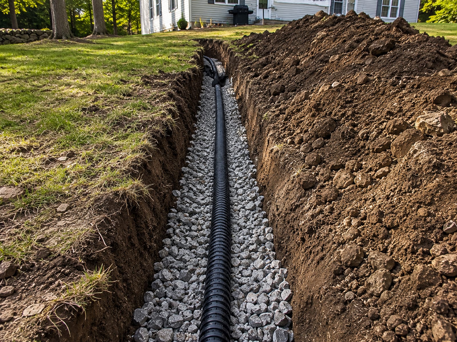 Freshly dug French drain trench with perforated pipe and gravel fill running along a residential yard in Connecticut