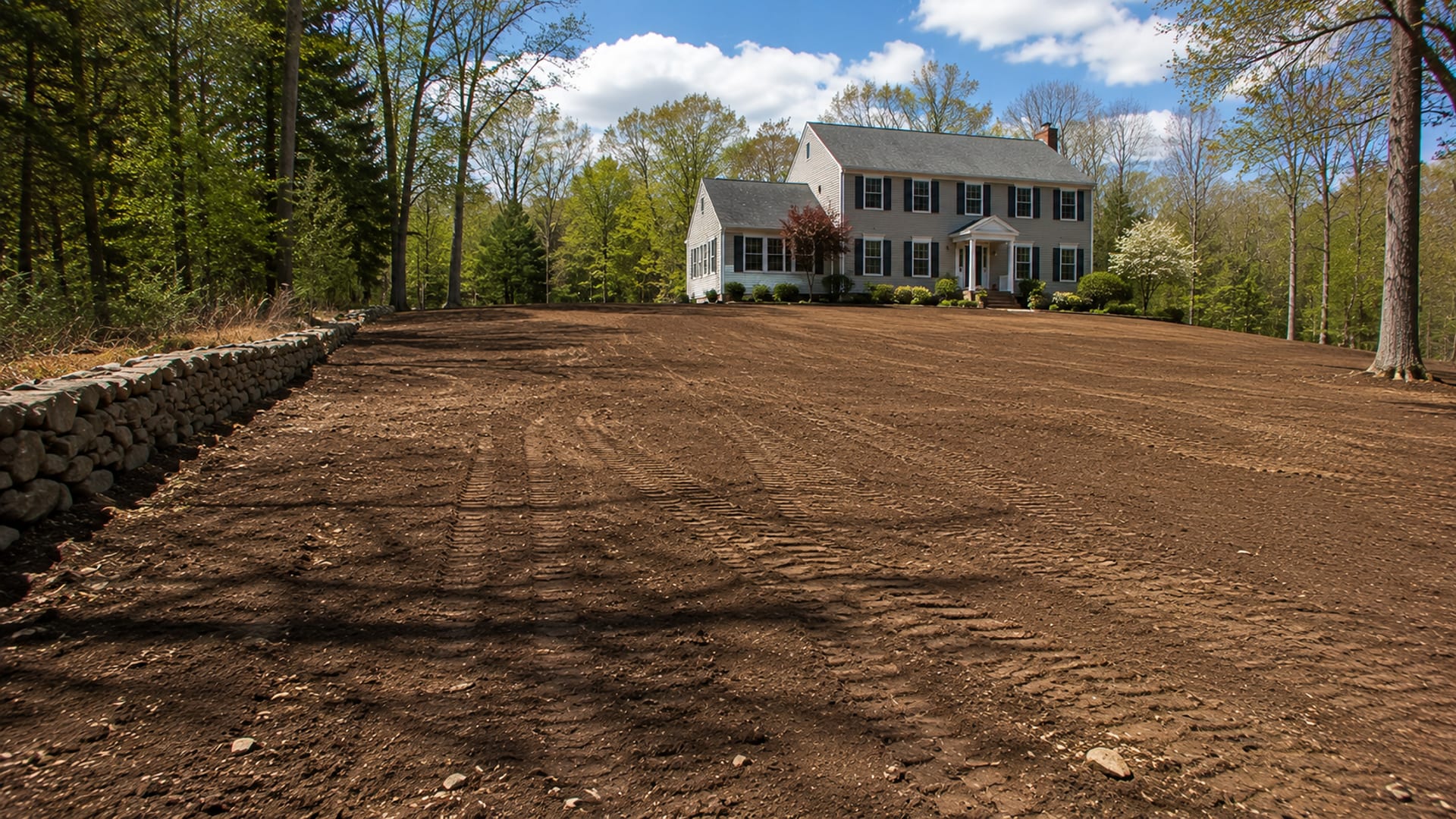 Wide view of a freshly graded and leveled residential lot with smooth compacted earth and a colonial home in background, western Connecticut