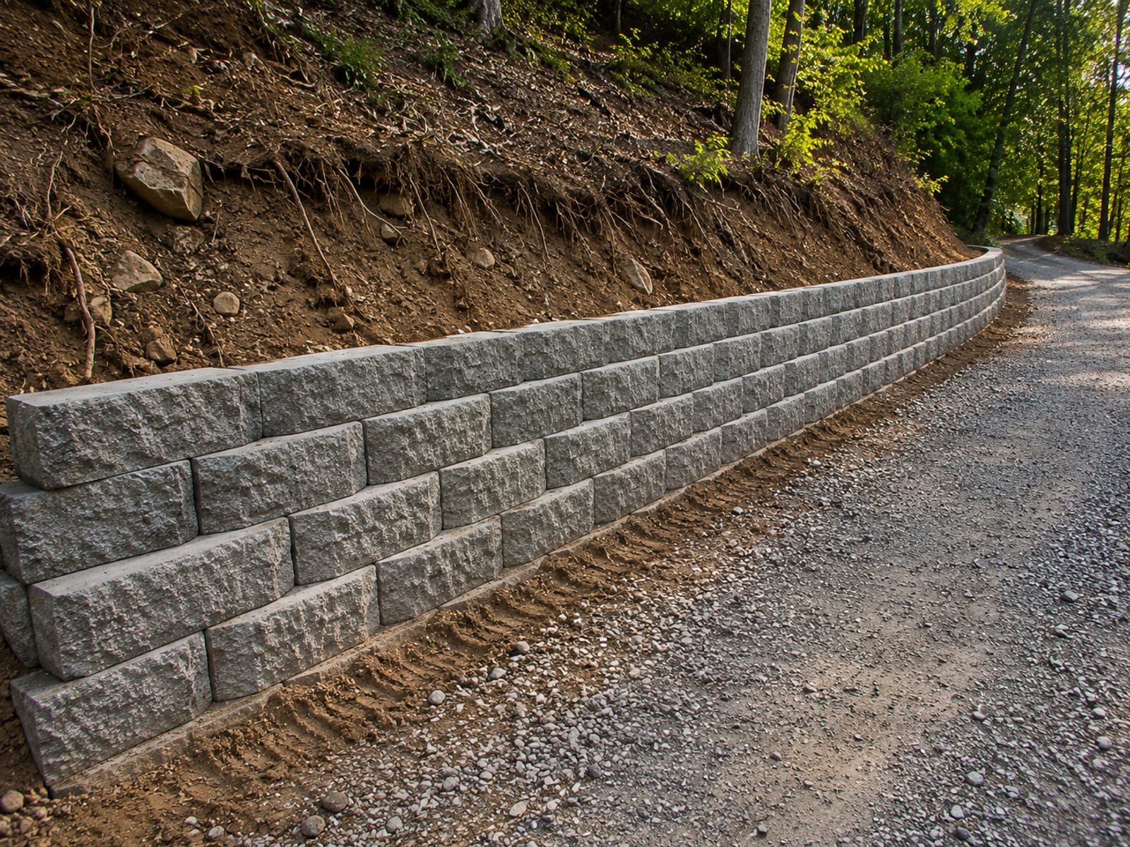 Segmental concrete block retaining wall along a gravel driveway cut into a sloped Connecticut property