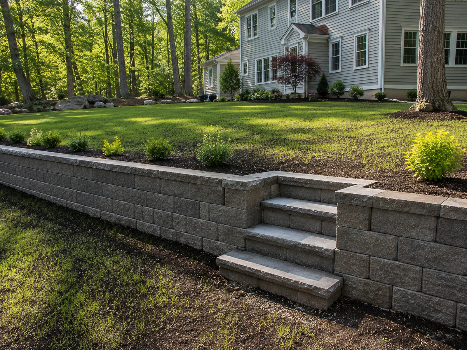Completed segmental block retaining wall with freshly graded and seeded yard behind it on a Connecticut residential property
