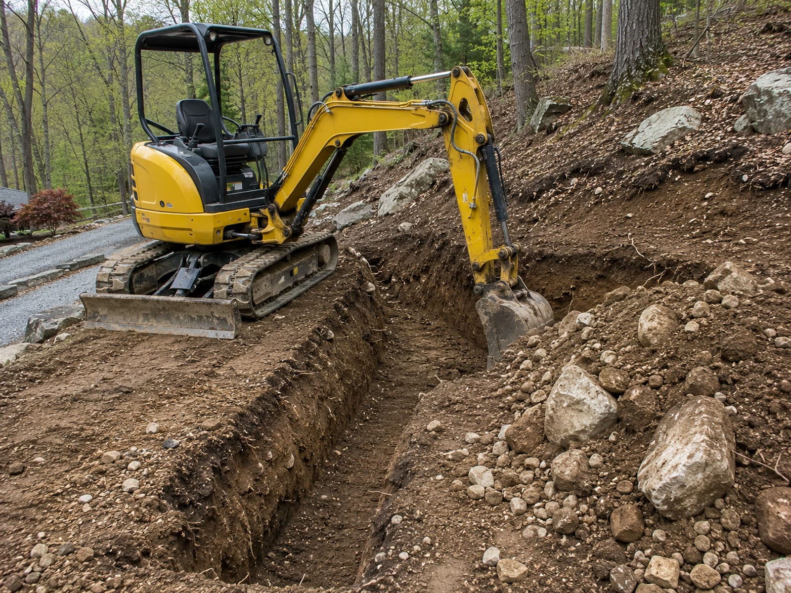 Small yellow tracked excavator digging a level footing trench for a retaining wall on a Connecticut sloped lot