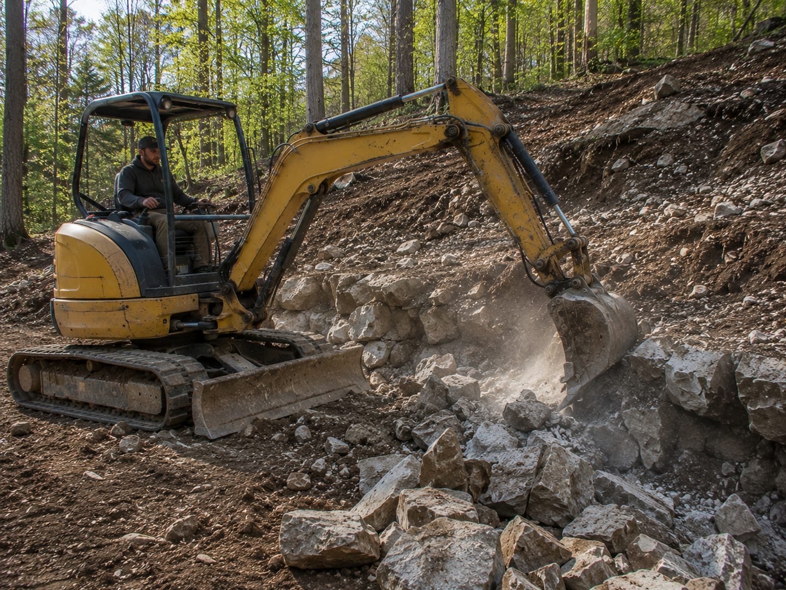 Small yellow tracked excavator working to break and extract subsurface ledge rock on a Connecticut residential property