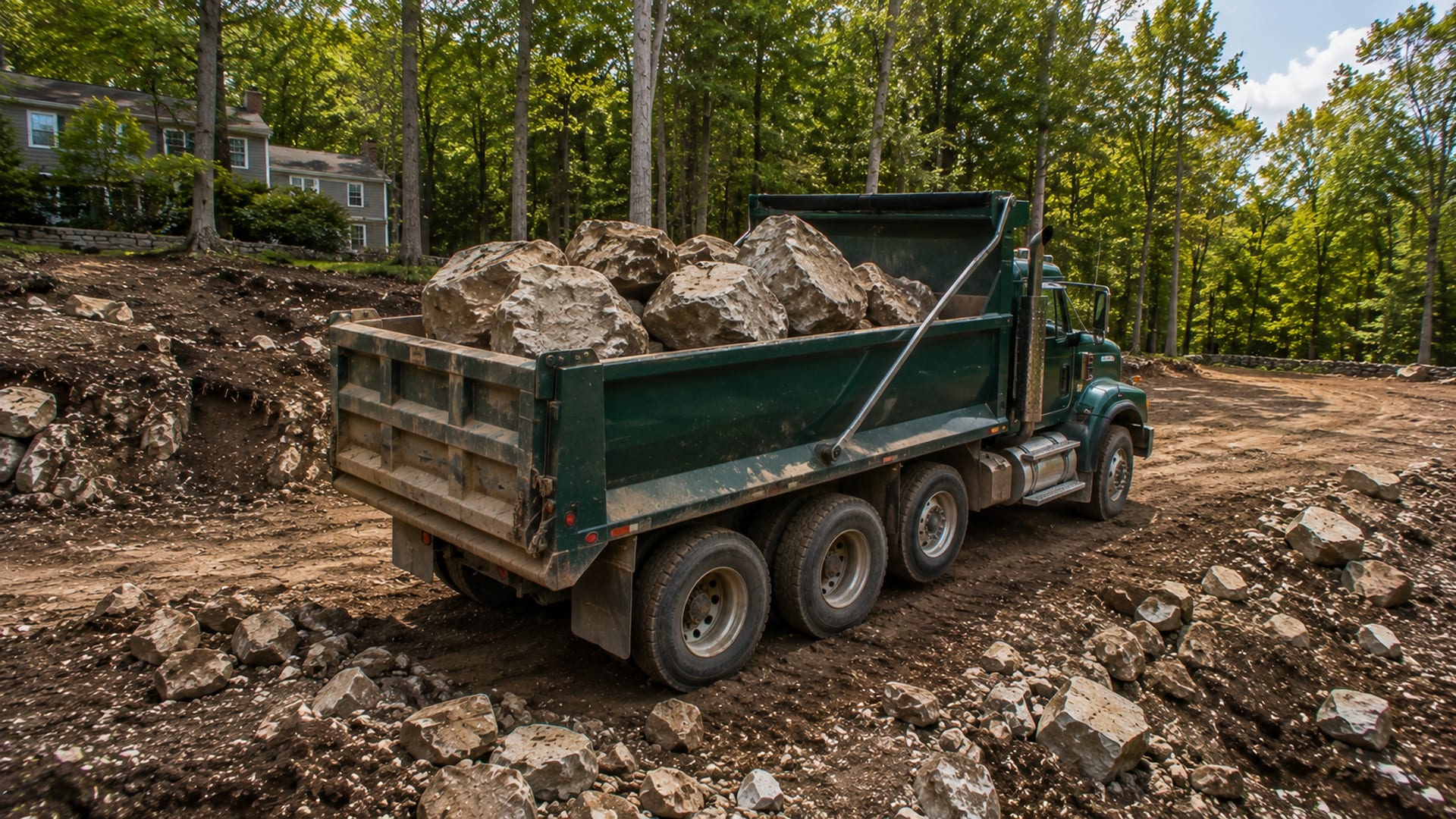 Green dump truck being loaded with large granite boulders at a Connecticut residential rock removal job site