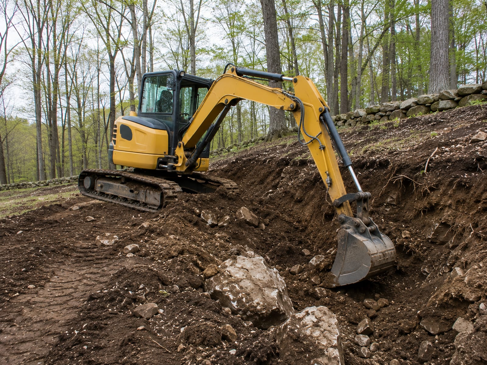 Compact yellow tracked excavator digging into rocky glacial till soil on a sloped wooded lot in Roxbury CT