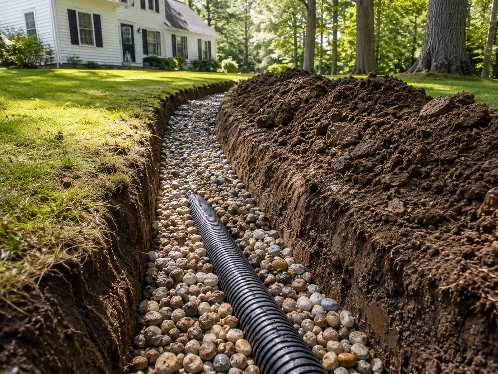 Freshly dug drainage trench filled with washed gravel and perforated pipe running across a sloped lawn in Roxbury CT