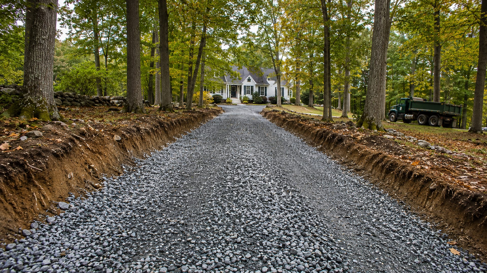 Freshly excavated and compacted gravel driveway base running through a wooded residential lot in Roxbury CT toward a colonial home