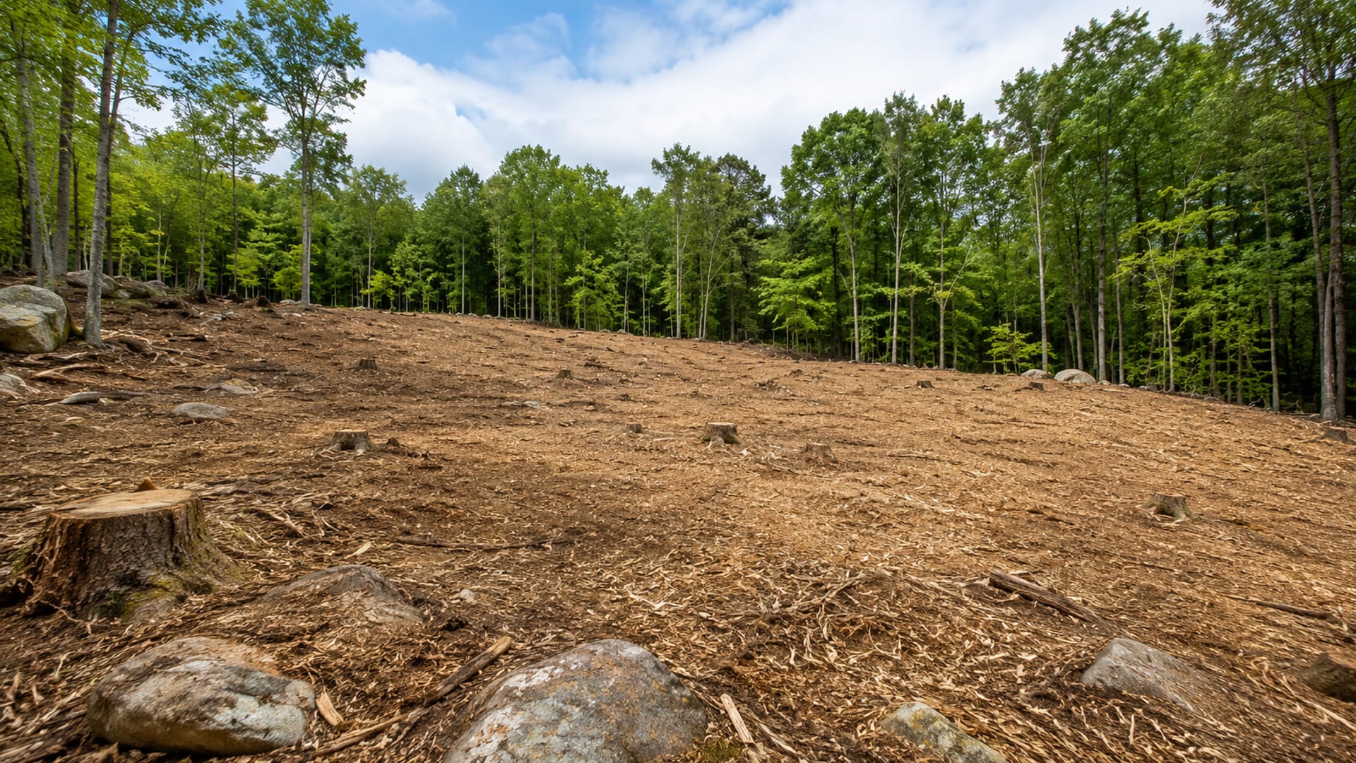 Wide cleared wooded lot with mulched ground cover, stumps, and deciduous forest edge in Connecticut