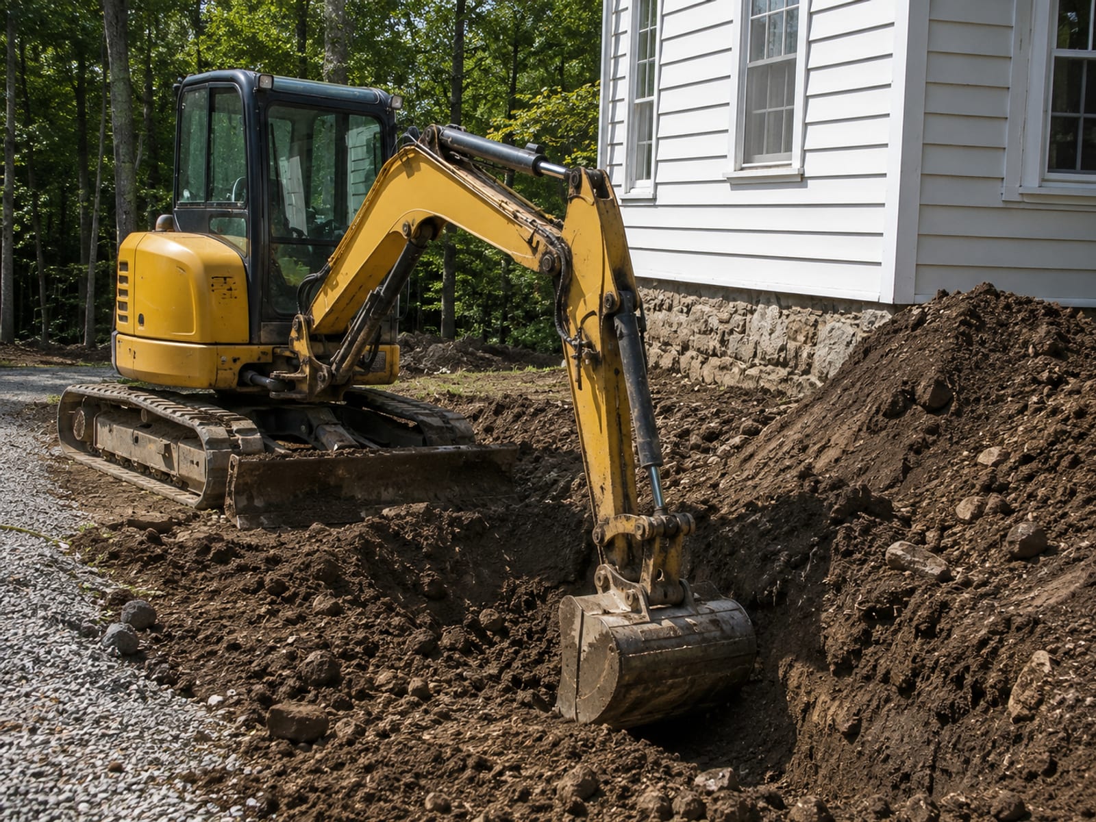 Compact yellow tracked excavator working a residential lot near a colonial home in Connecticut