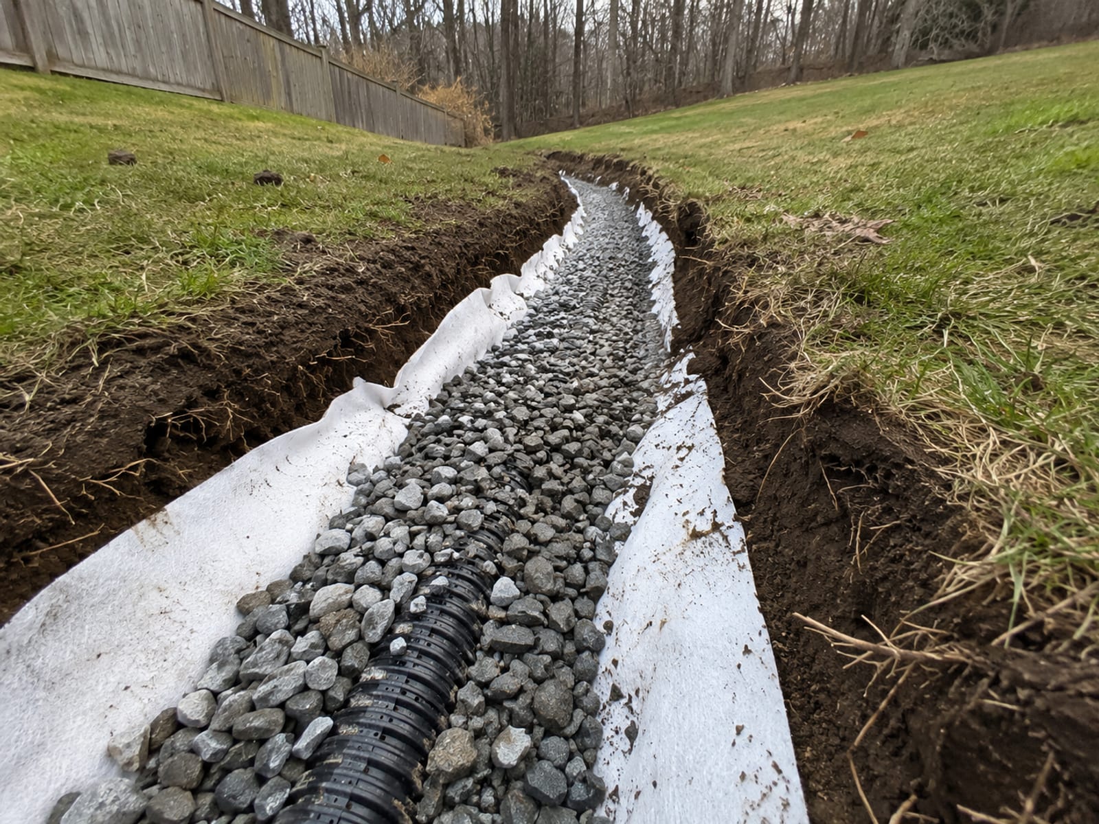 Freshly installed French drain trench with gravel and perforated pipe running along a sloped yard