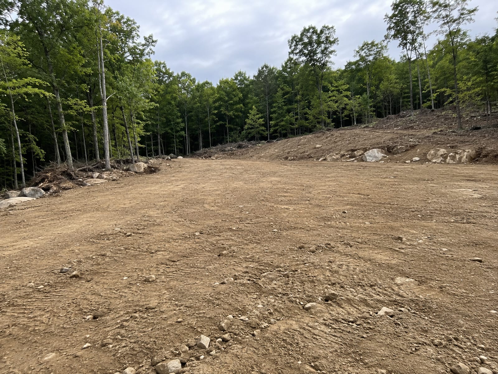 Graded residential lot with cleared wooded edges and fresh earthwork in western Connecticut