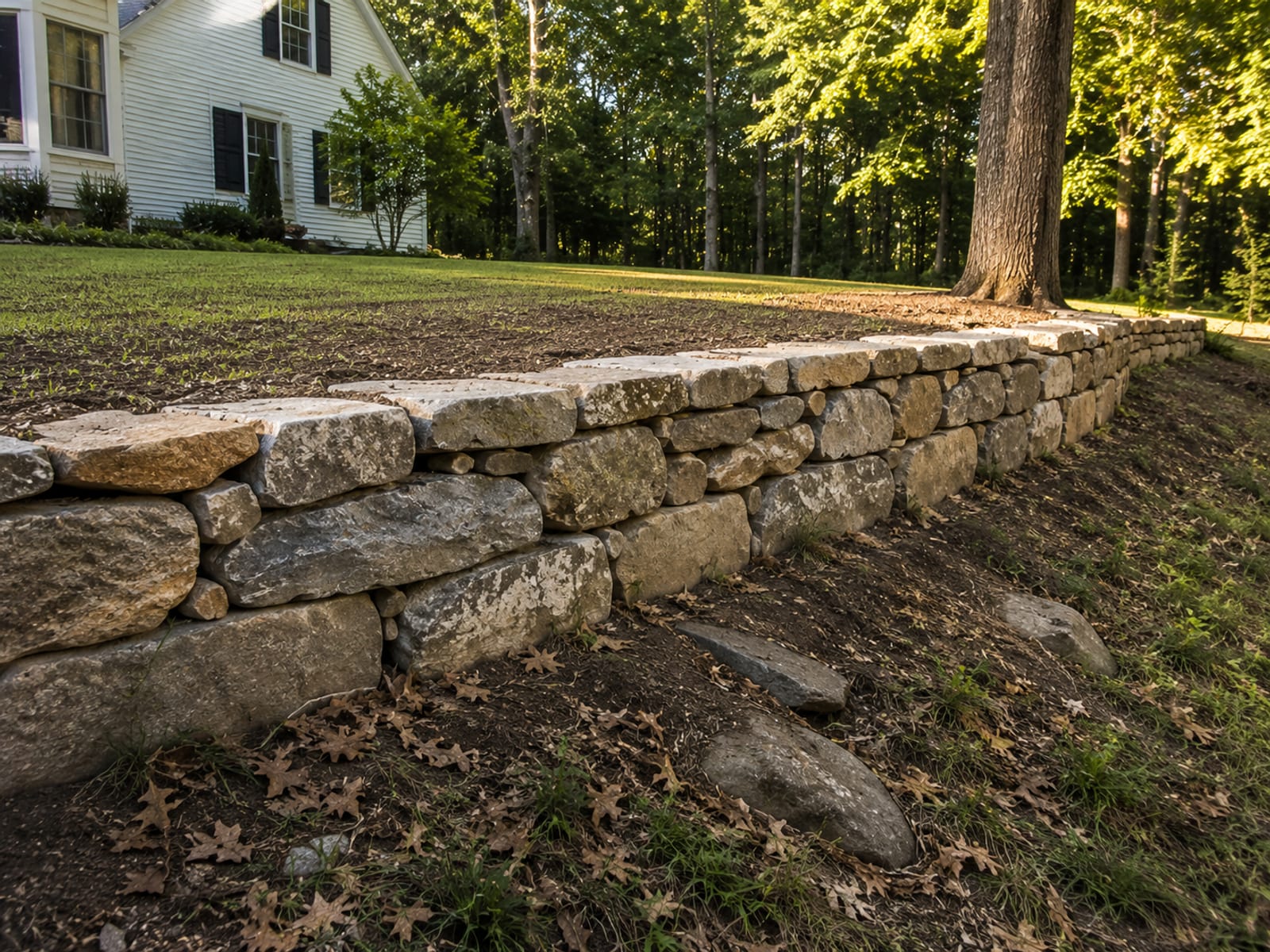 Newly constructed dry-stacked stone retaining wall holding a graded residential terrace on a sloped New England yard