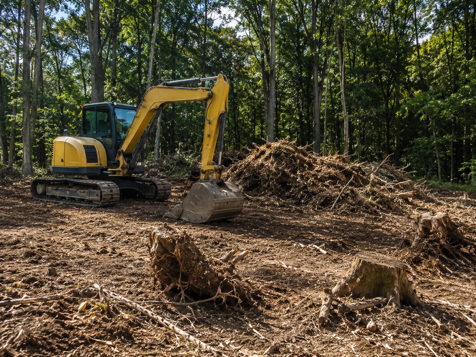 Compact yellow tracked excavator clearing dense brush and saplings on a wooded New England residential lot