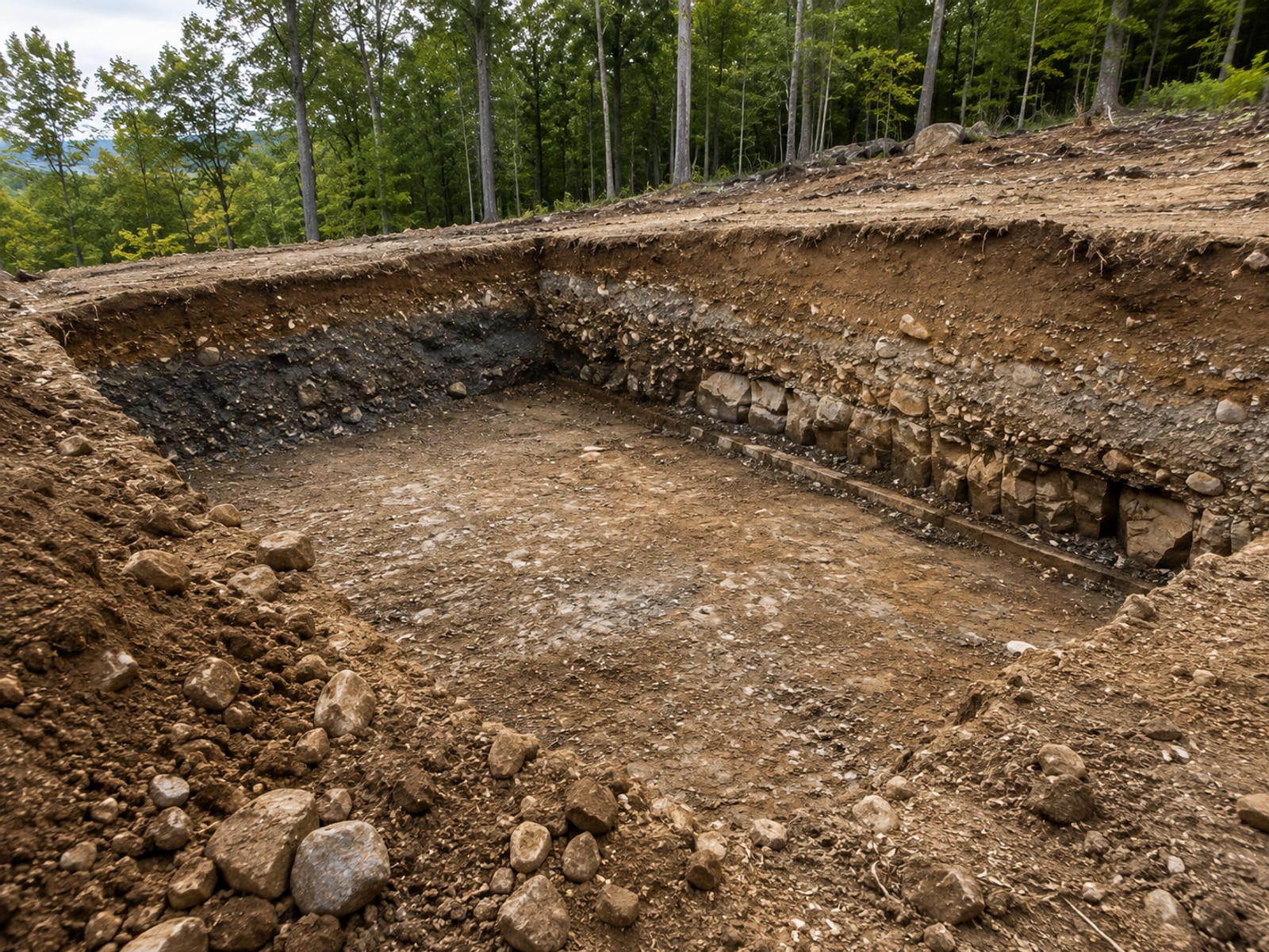 Freshly excavated residential foundation pit on a wooded Connecticut lot with exposed glacial till and ledge rock