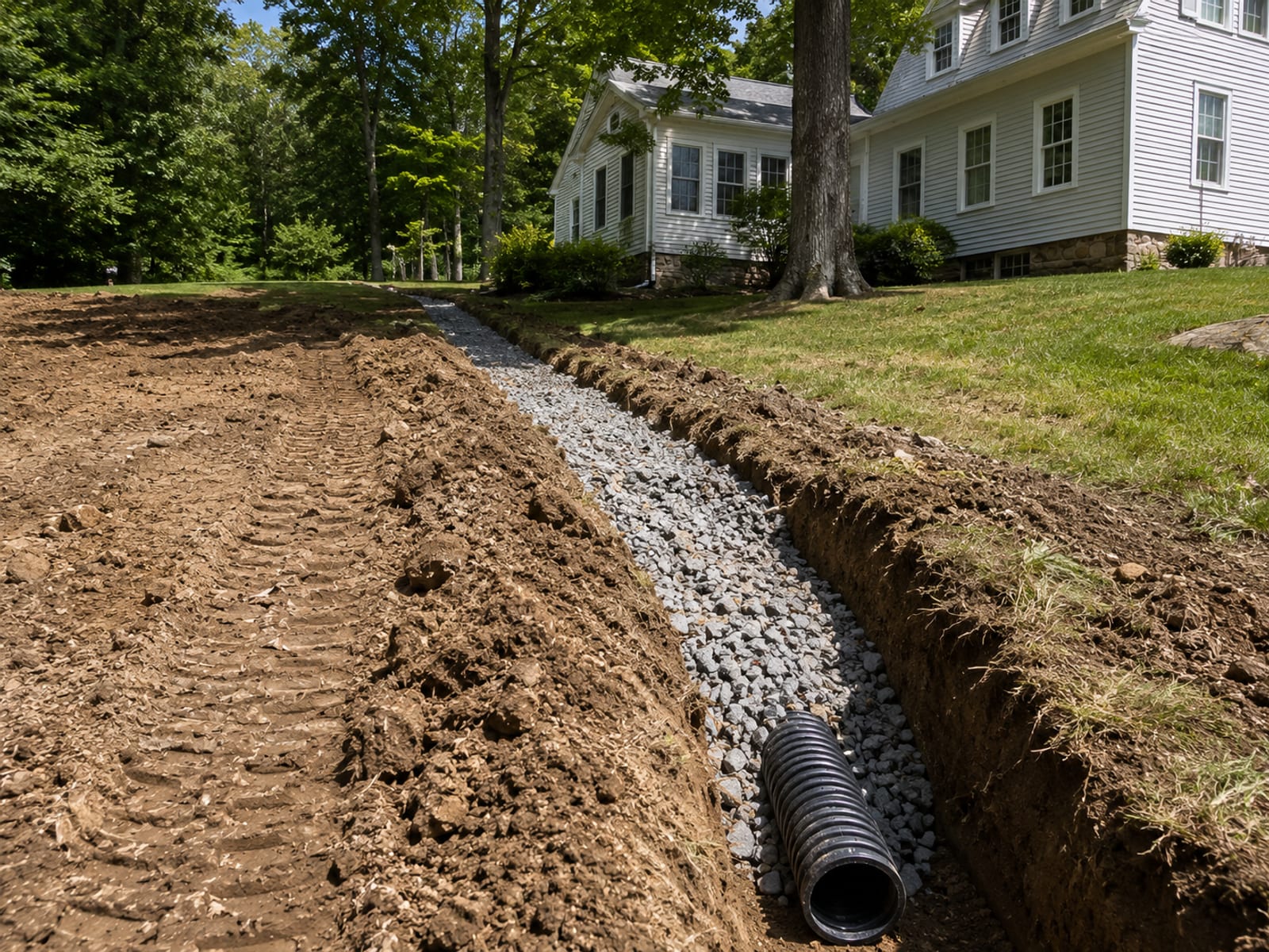 Open drainage trench lined with gravel and perforated pipe running across a graded lawn beside a colonial home