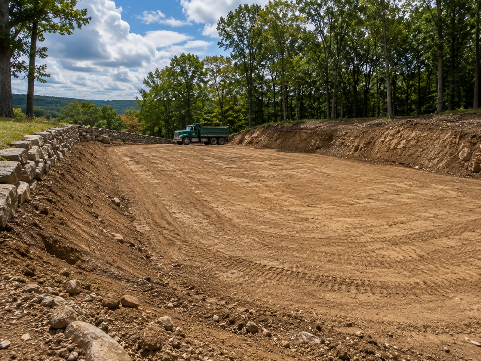 Freshly graded flat building pad on a hillside lot with smooth compacted soil and surrounding wooded slopes