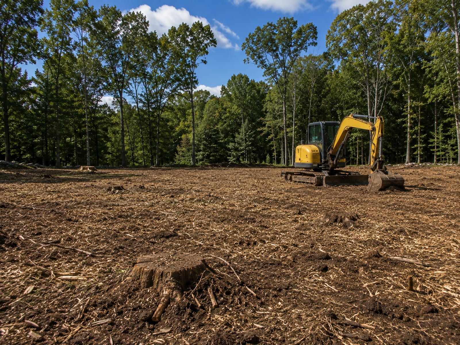 Cleared wooded lot in Seymour CT with mulched ground cover and standing tree line at the perimeter
