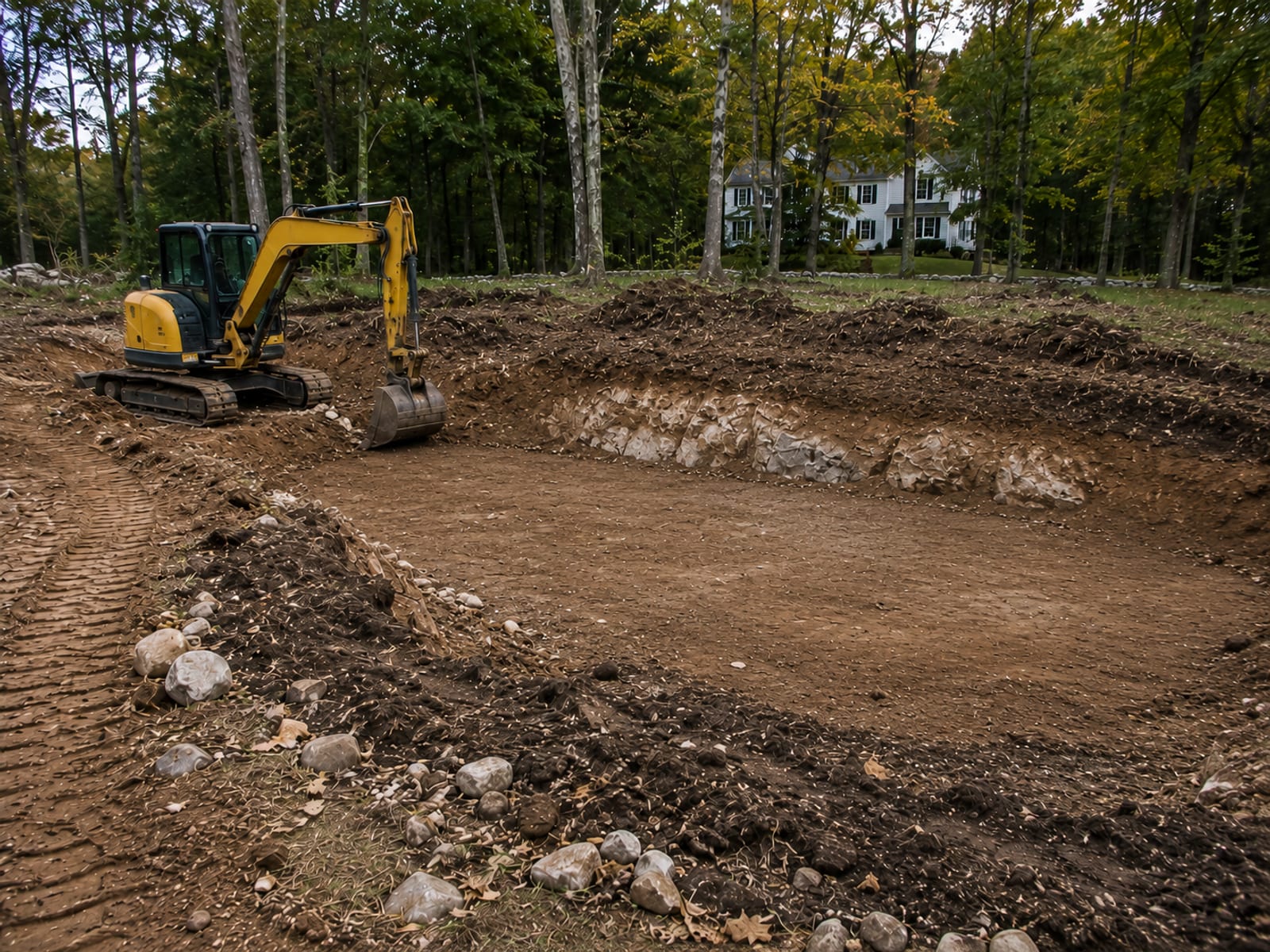 Freshly excavated residential lot in Seymour CT with exposed glacial till soil and rocky ledge