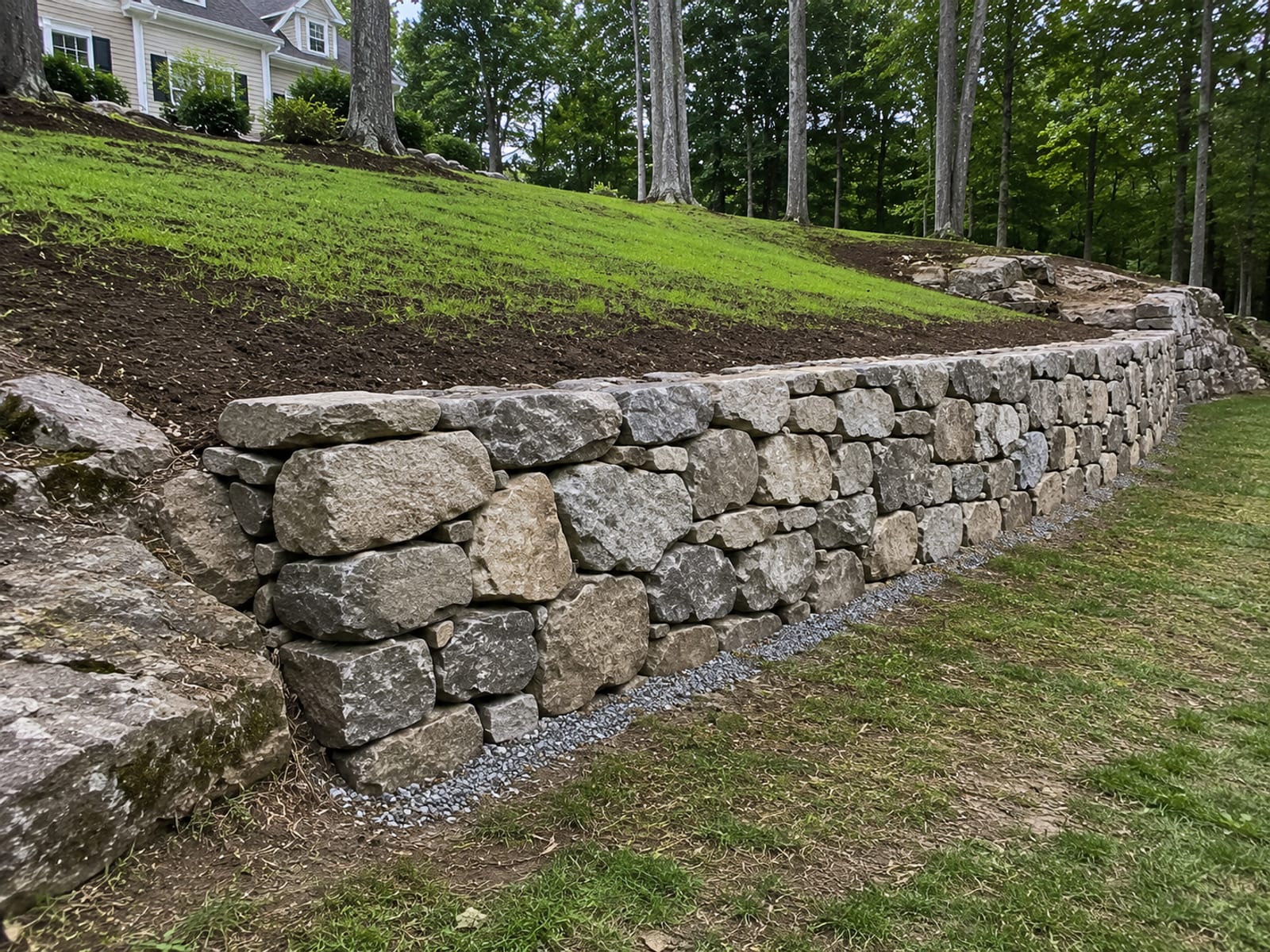 Newly constructed natural stone retaining wall in Seymour CT with graded backfill and lawn above