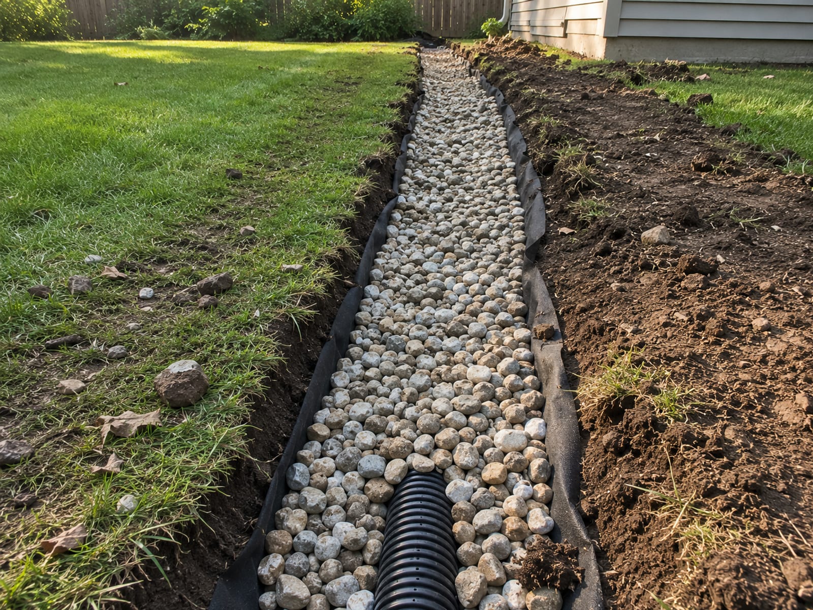 Open French drain trench in Seymour CT backyard filled with washed gravel and perforated pipe