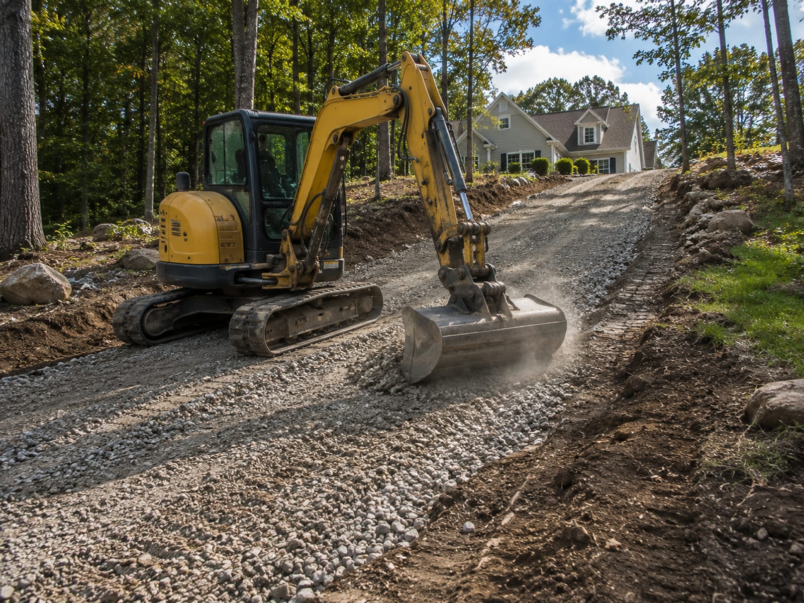 Compact yellow excavator grading a sloped residential driveway approach in Seymour CT with exposed compacted gravel base