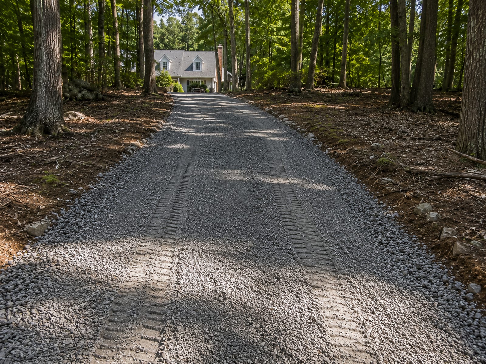 Freshly excavated and gravel-based residential driveway running through a wooded Connecticut property toward a cape-style home