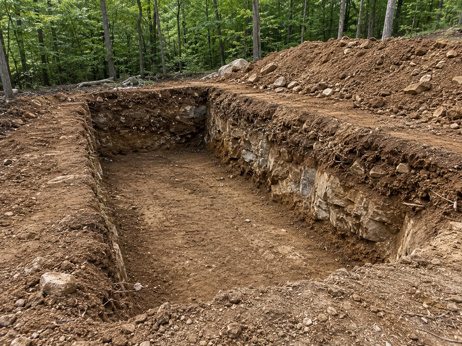 Freshly excavated residential foundation trench on a sloped wooded lot in Shelton Connecticut