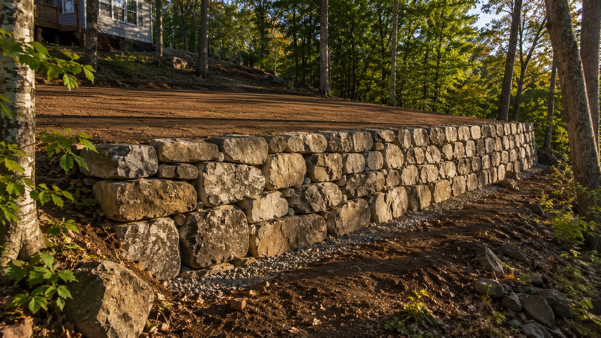 Newly constructed dry-stacked fieldstone retaining wall holding a graded terrace on a sloped Connecticut residential property