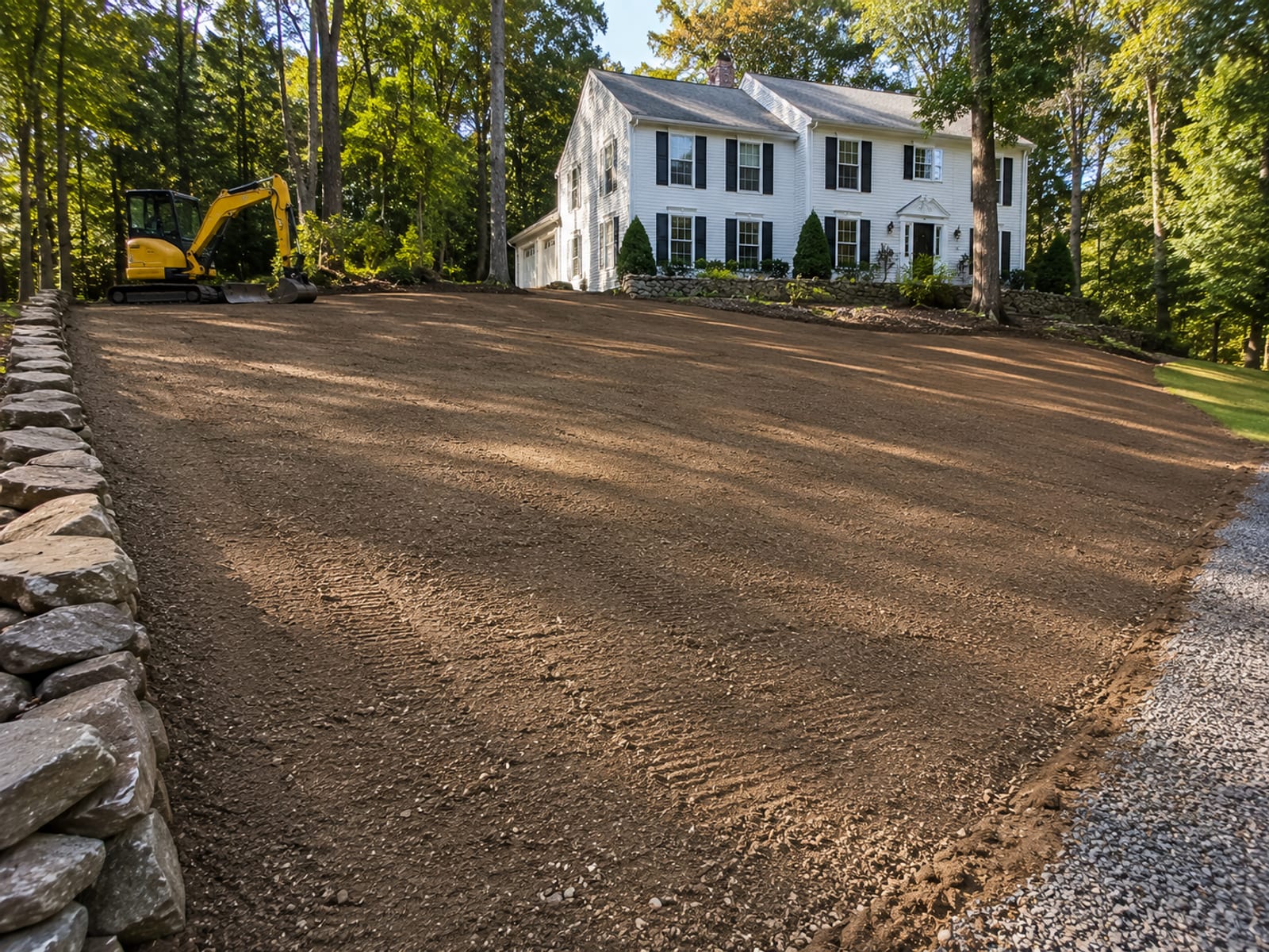 Smooth finish-graded residential lot with neatly shaped earth and a colonial home visible in background in Shelton Connecticut