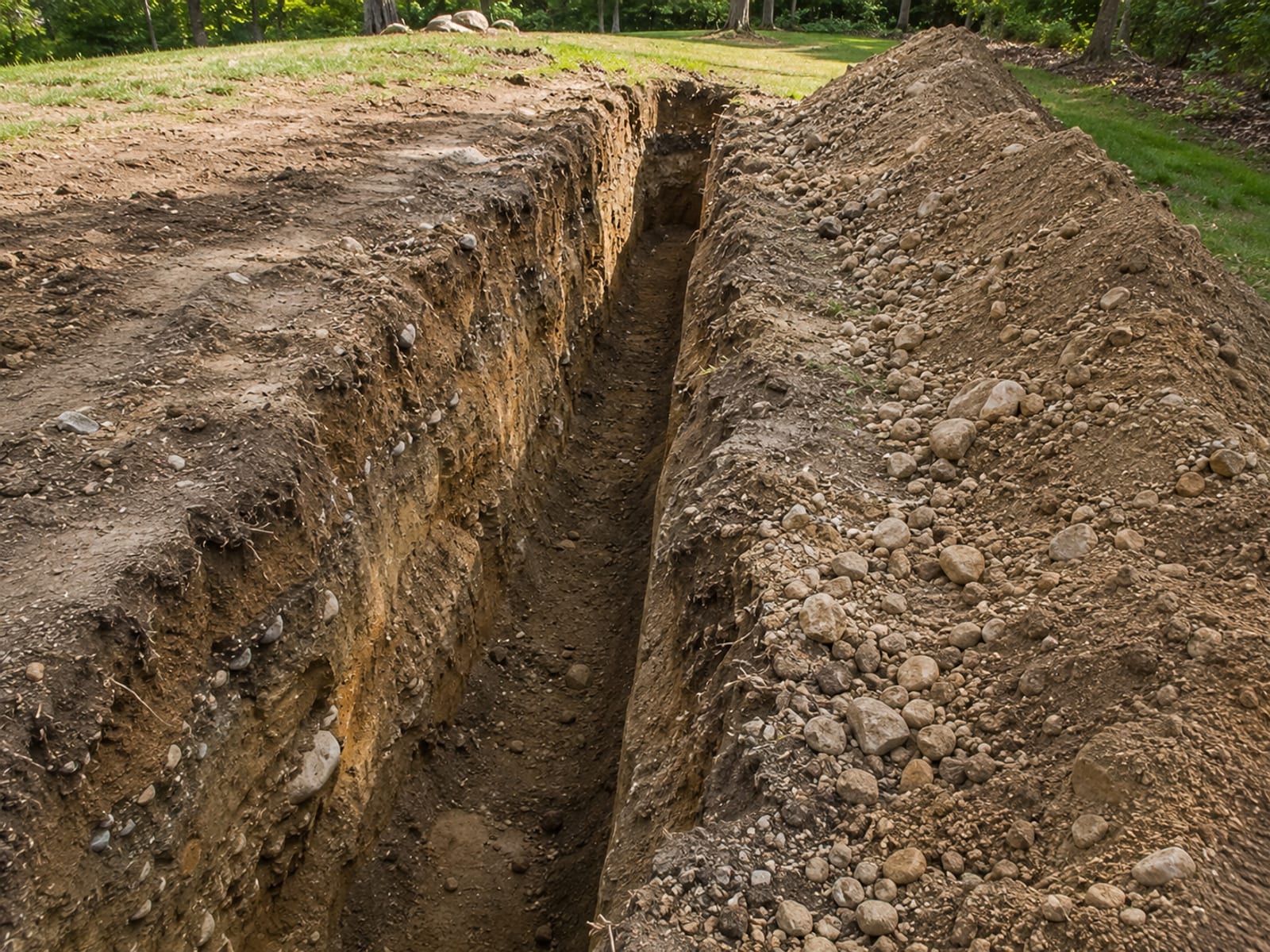 Open utility trench excavated through glacial till soil on a residential Connecticut property