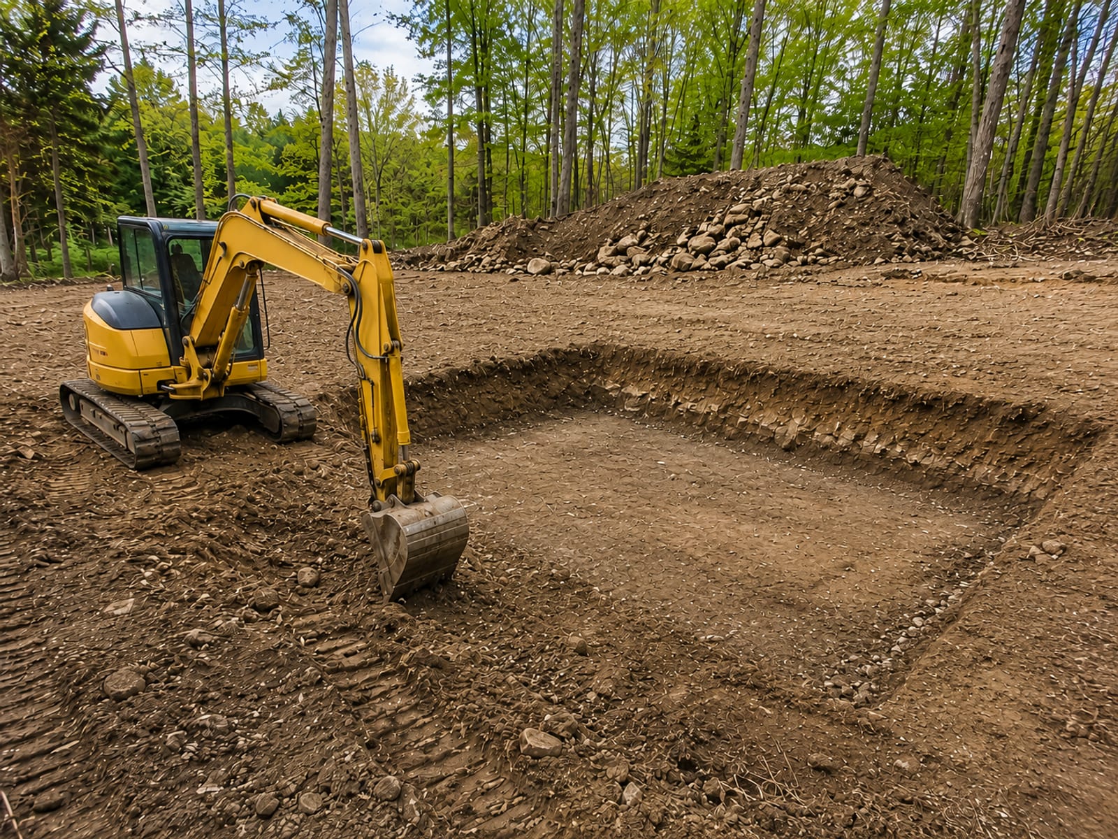 Compact yellow tracked excavator digging a residential foundation excavation on a wooded Connecticut lot