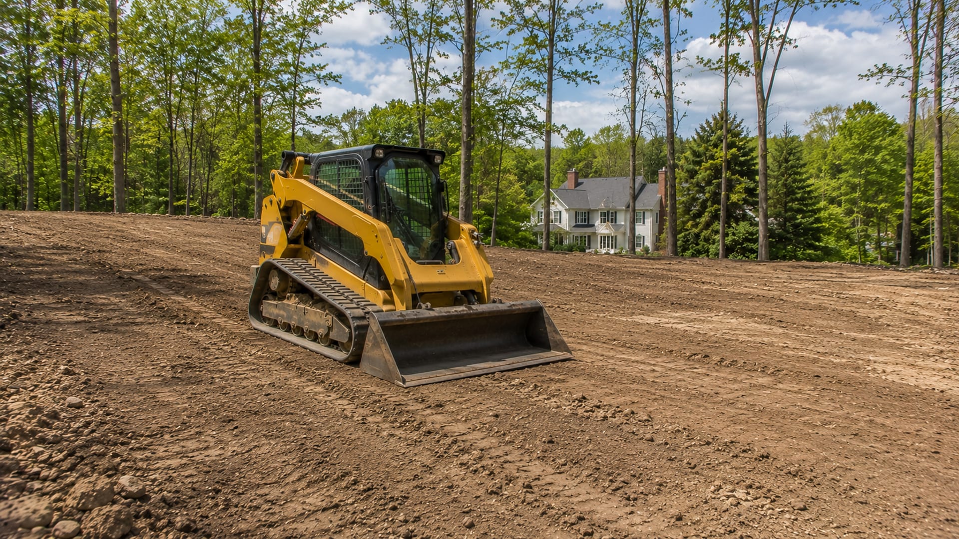 Compact yellow track loader grading and leveling earth on a sloped residential lot in Connecticut