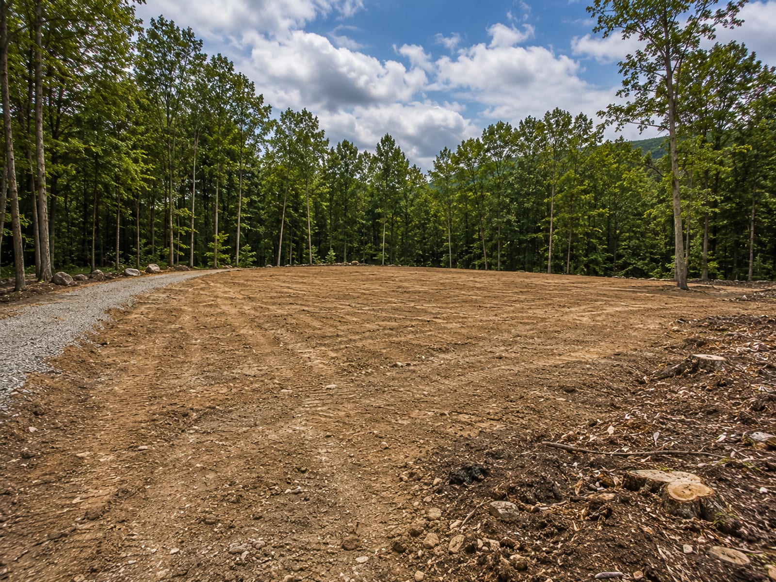 Freshly cleared and graded residential lot in western Connecticut with stumps removed and soil leveled