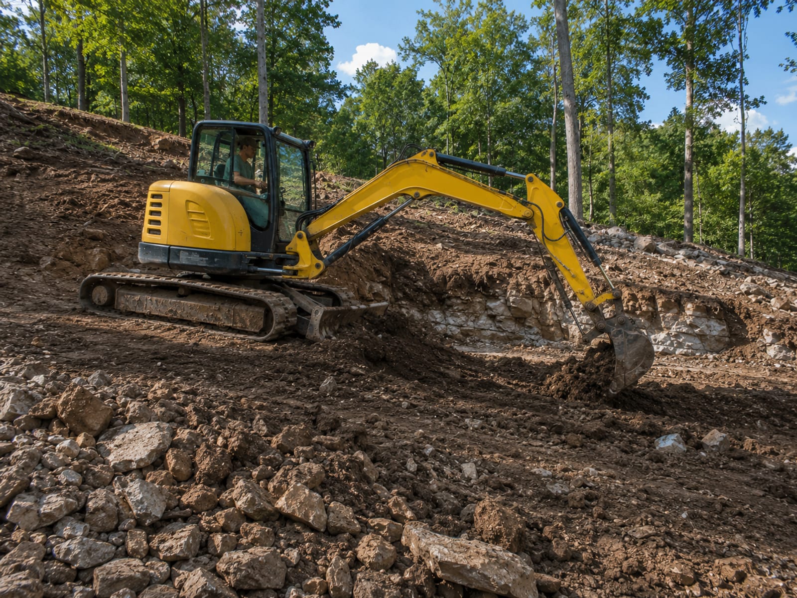 Compact yellow tracked excavator digging a foundation cut on a sloped rocky residential lot in Connecticut with exposed ledge rock and soil