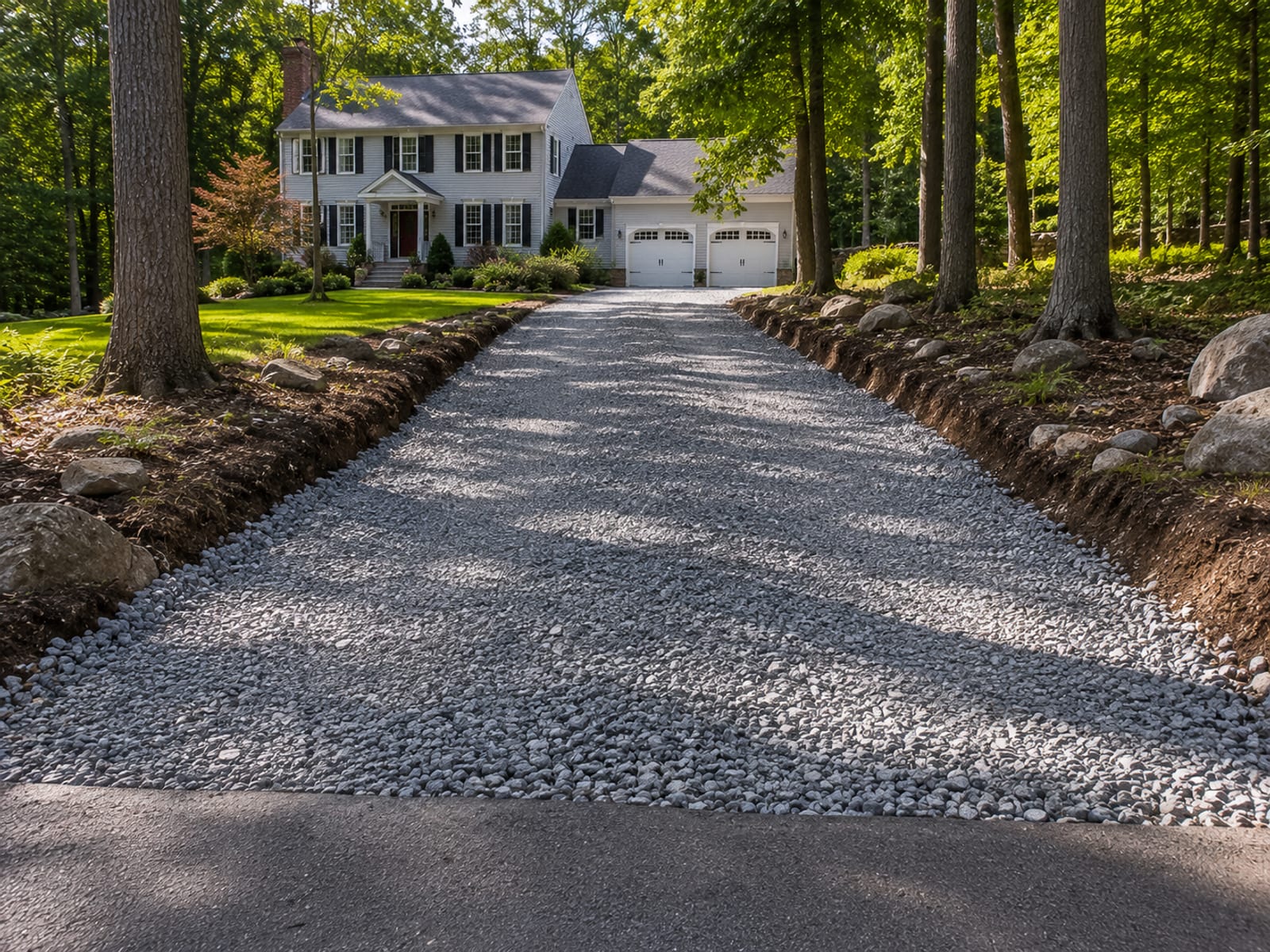 Freshly excavated and graded driveway corridor approaching a New England colonial home with compacted gravel base and wooded lot edges