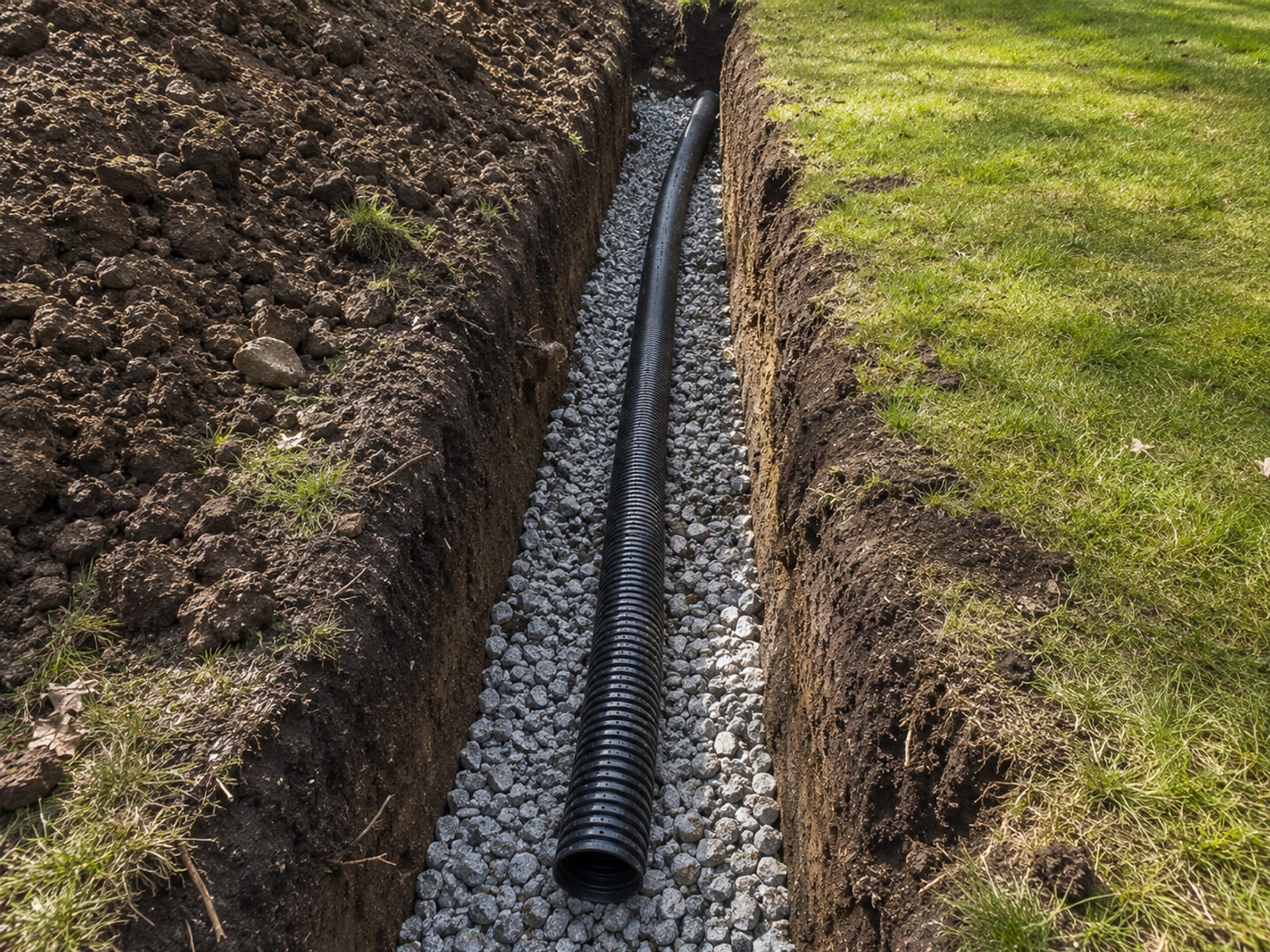 Open trench on a residential lot showing a perforated drainage pipe bedded in clean crushed stone ready for backfill in Connecticut