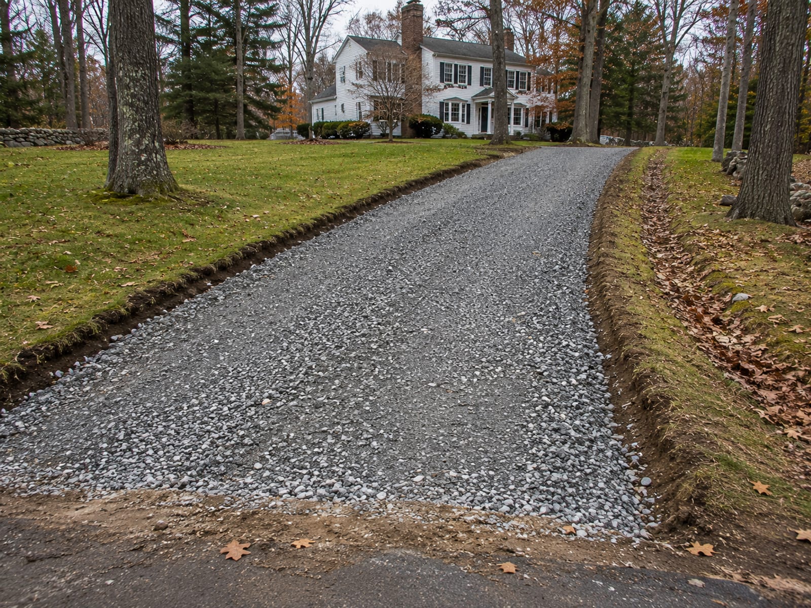 Freshly excavated and gravel-base prepared residential driveway approach in Southbury Connecticut leading toward a colonial style home