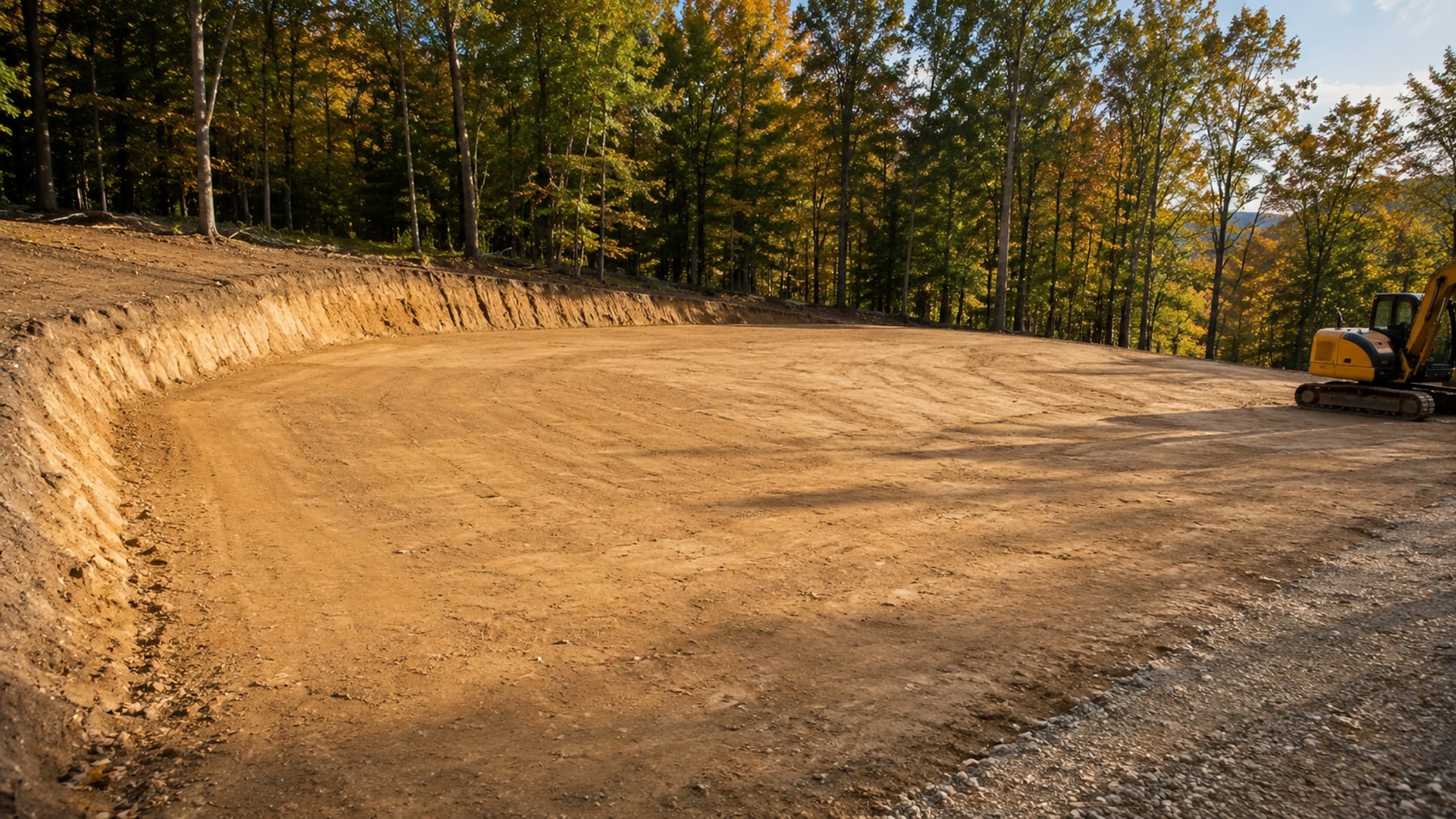 Wide view of freshly graded and leveled residential building lot in Southbury Connecticut with smooth compacted soil surface ready for construction