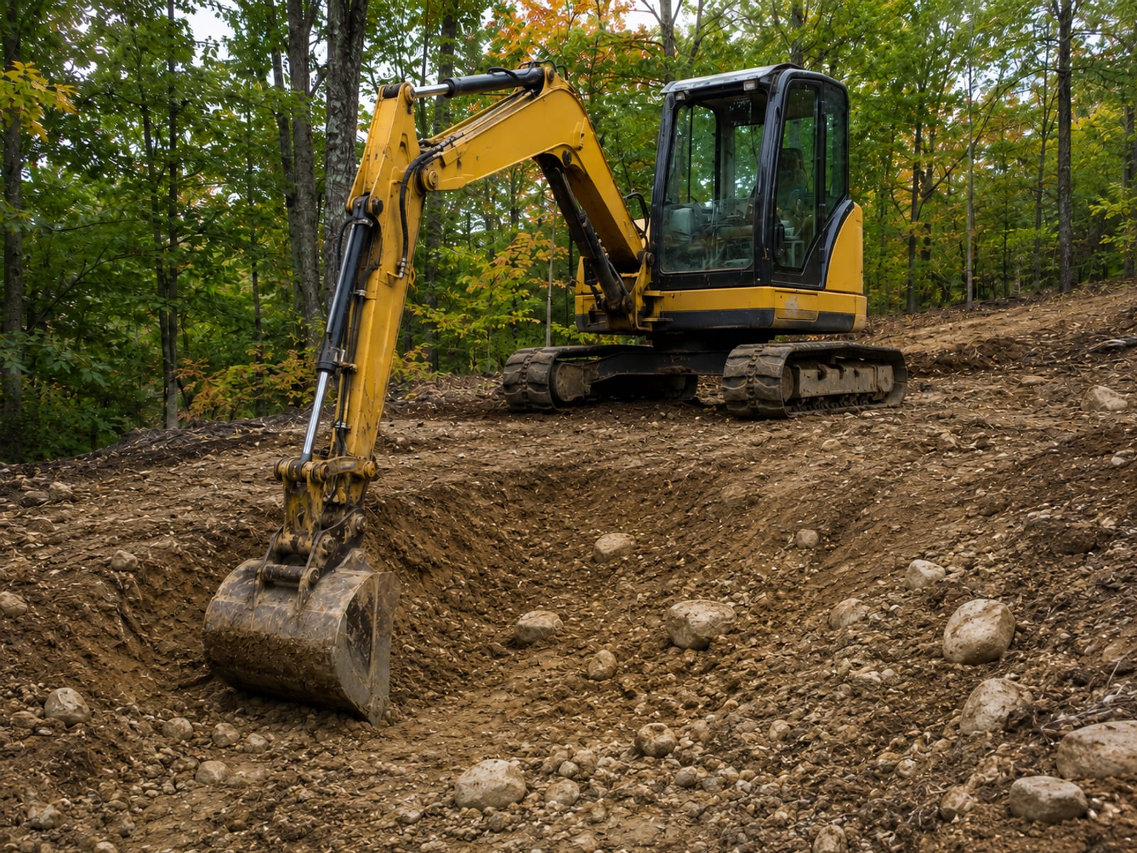 Compact yellow tracked excavator digging into rocky glacial till soil on a sloped wooded residential lot in Southbury Connecticut