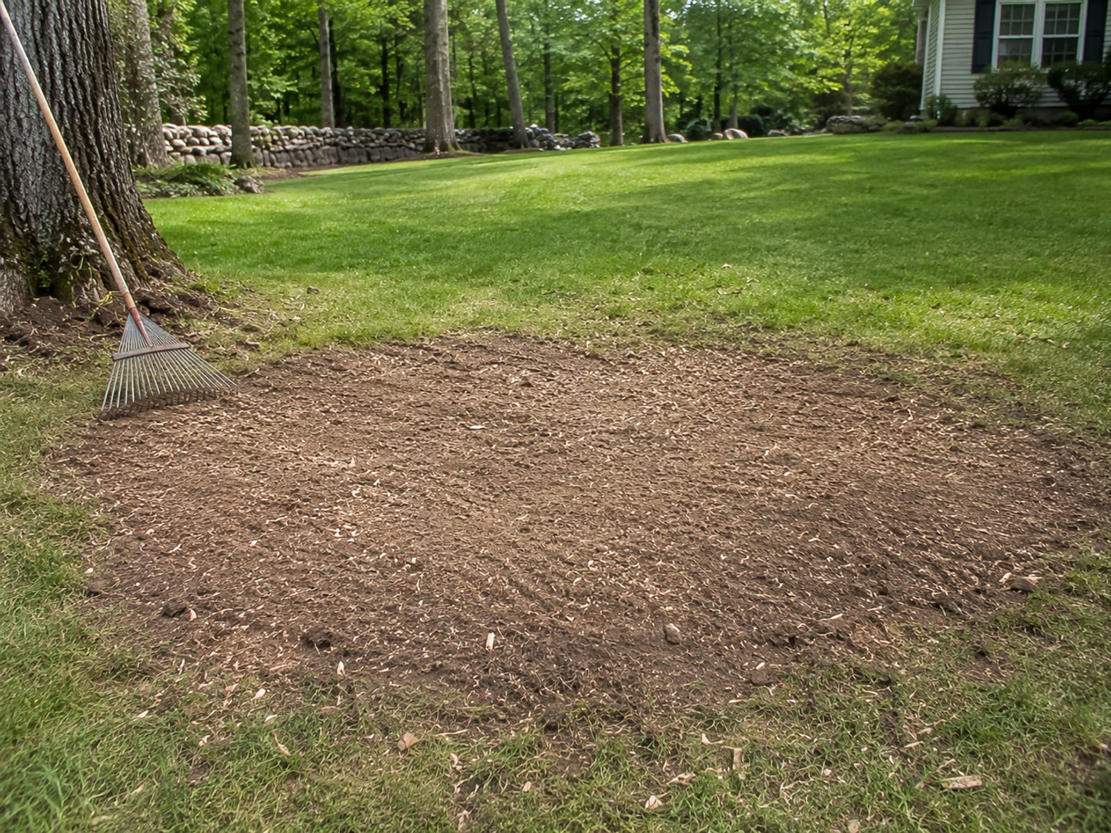 Residential Connecticut yard with a stump grinding site raked smooth and ready for lawn restoration