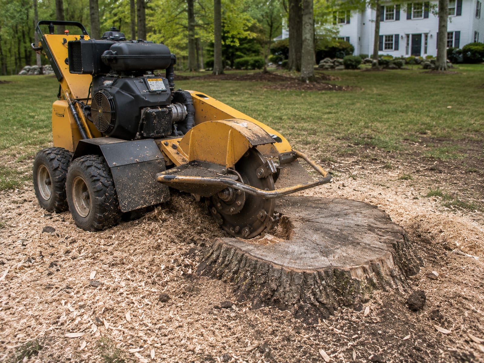 Compact walk-behind stump grinder positioned over a large tree stump on a residential Connecticut property