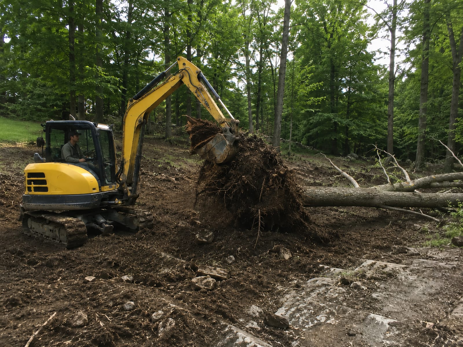Compact yellow tracked excavator gripping the root ball of a large felled deciduous tree on a sloped Connecticut residential property