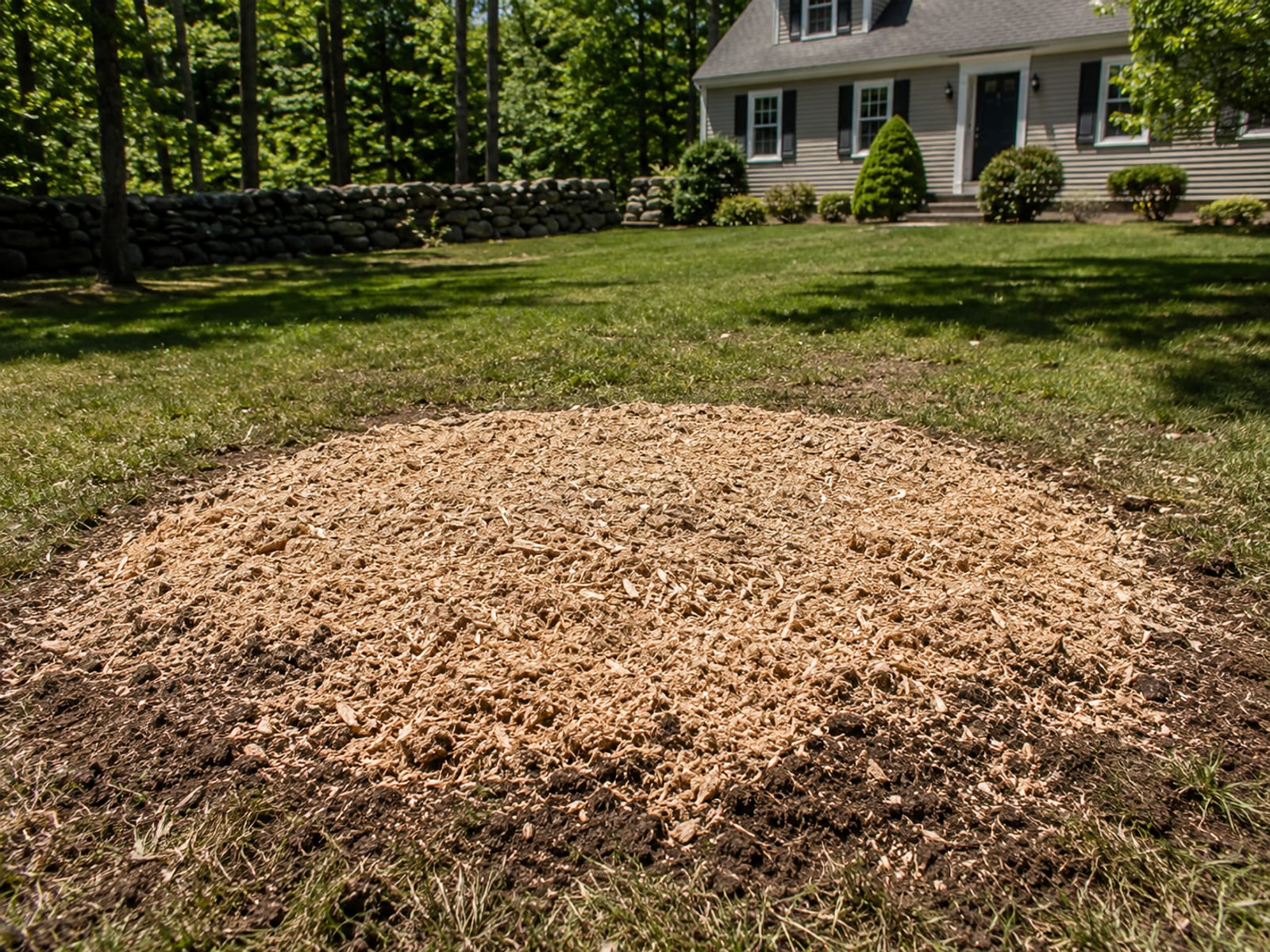 Circular patch of fresh wood chip mulch where a large tree stump has been ground down to below grade on a Connecticut residential lawn