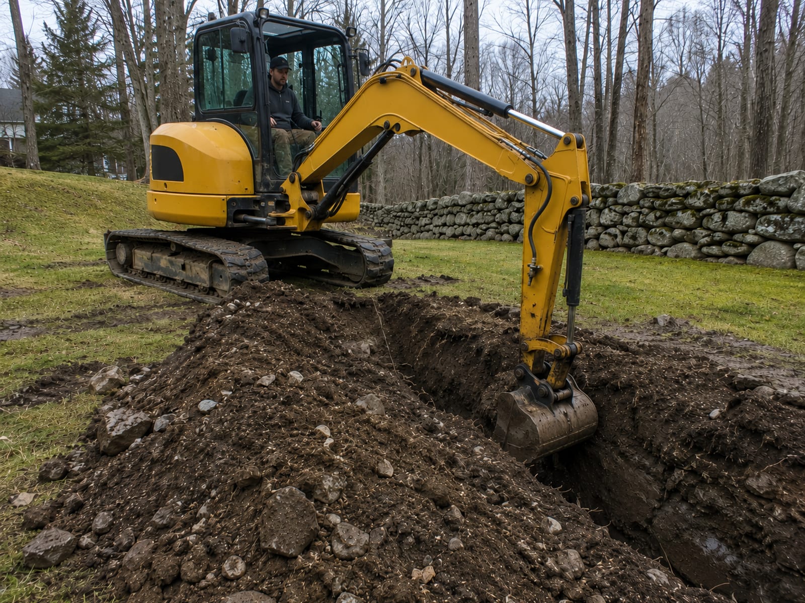 Compact yellow tracked excavator cutting a deep trench along a residential property in Connecticut