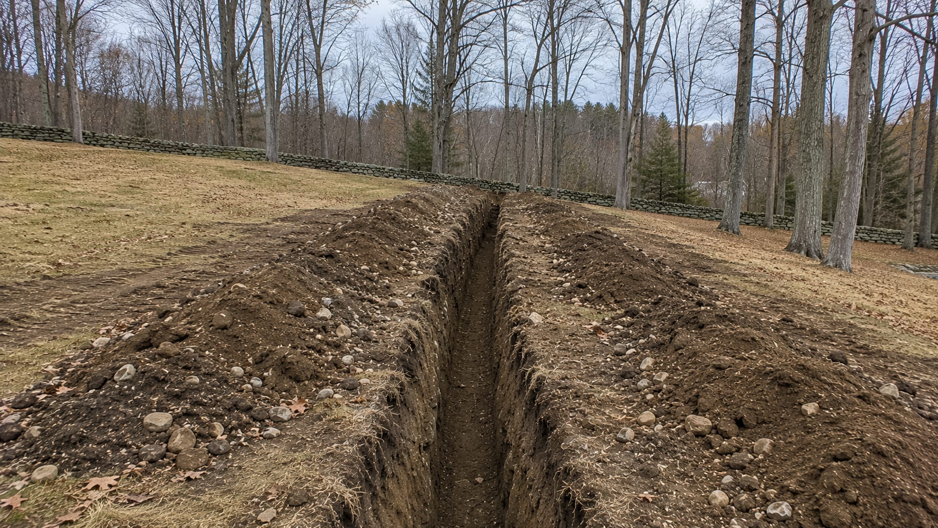 Wide view of a long straight trench excavated across a sloped residential yard in Connecticut surrounded by mature trees
